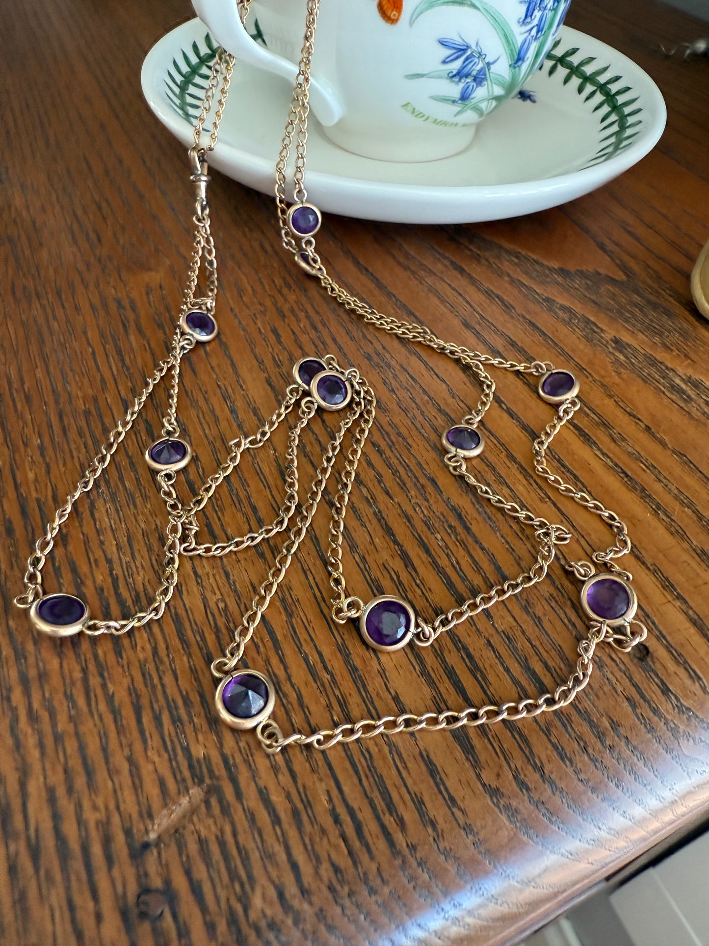 Antique Rosy Gold Filled Long Guard Muff Pocket Watch Station Body Chain Faux Amethyst Purple Paste X-Long Dog Clip 17.8g 46" Linear Length