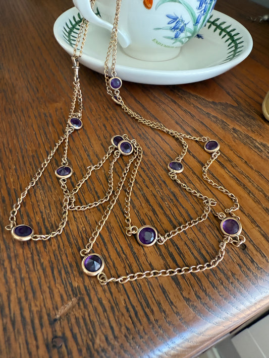 Antique Rosy Gold Filled Long Guard Muff Pocket Watch Station Body Chain Faux Amethyst Purple Paste X-Long Dog Clip 17.8g 46" Linear Length