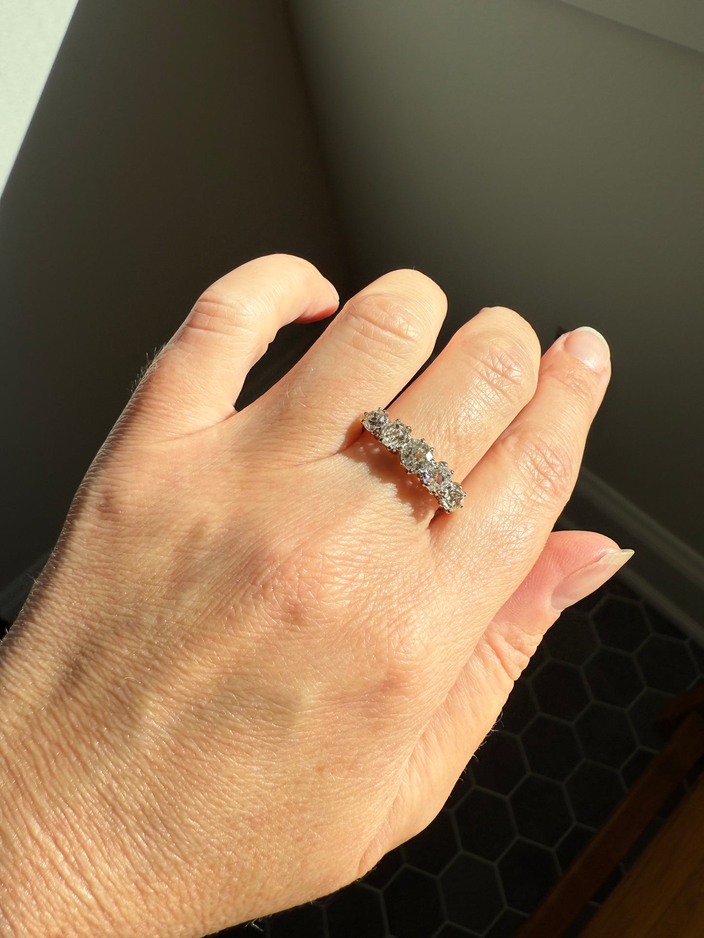 Five Stone Victorian Antique 1.75 CARAT Old Mine Cut DIAMOND Tall Stacker Ring 18k Gold Skinny Band Wedding Anniversary