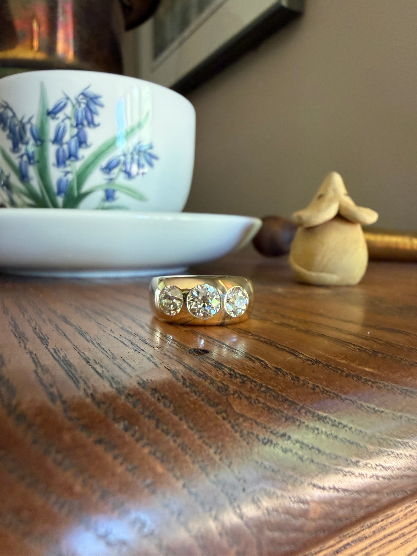 HEAVY Antique 2.4 Carats Natural Old Mine Cut Diamond Three Stone Gypsy Band 10.1g 14k Gold Stacker Ring Man Unisex Chunky