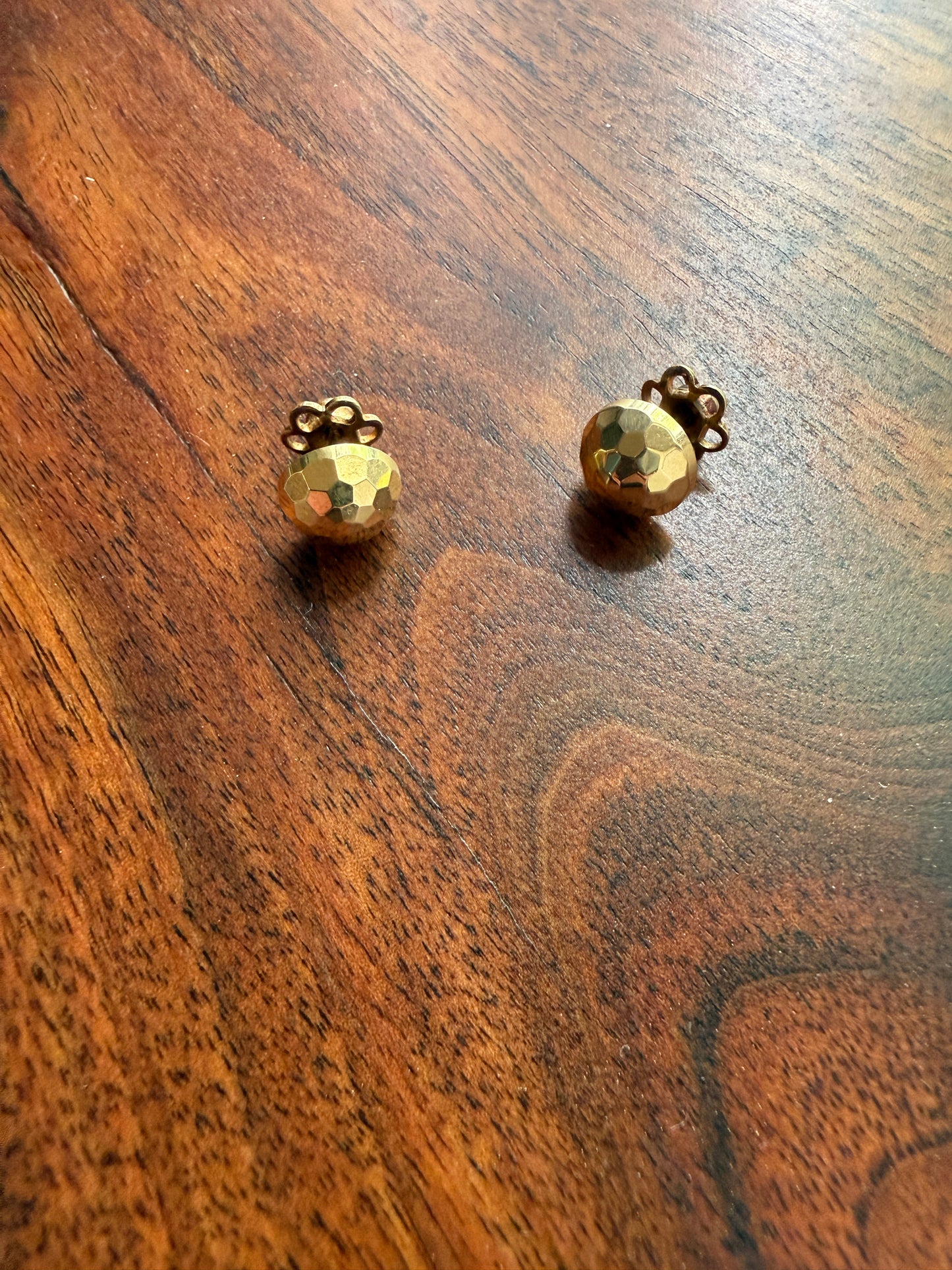 French Vintage - Antique Gold Faceted Bead 3D Button Studs Vintage 18k GOLD Solid EARRINGS Earstack Geodesic Dome Disco Ball Shimmer