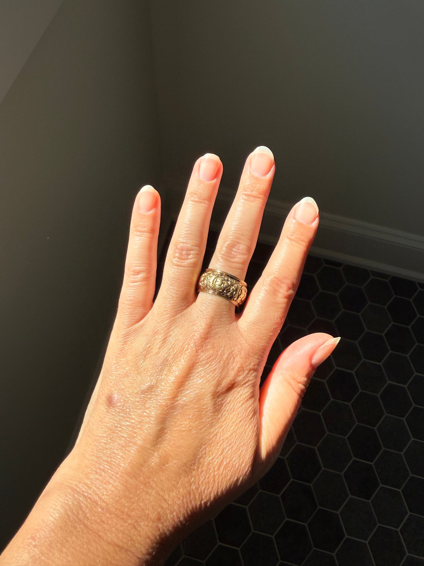 XL Antique FLORAL Embossed French Georgian Victorian Era Eternity Band 11mm Wide Ring 18k Gold Wedding Stacker Romantic Gift Flower Domed
