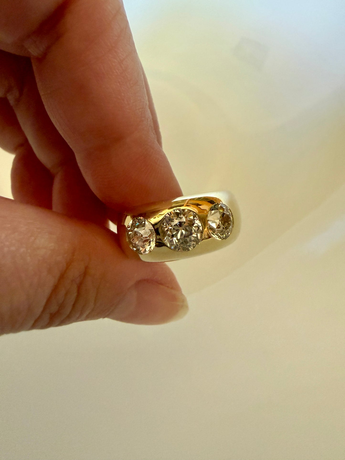 HEAVY Antique 2.4 Carats Natural Old Mine Cut Diamond Three Stone Gypsy Band 10.1g 14k Gold Stacker Ring Man Unisex Chunky