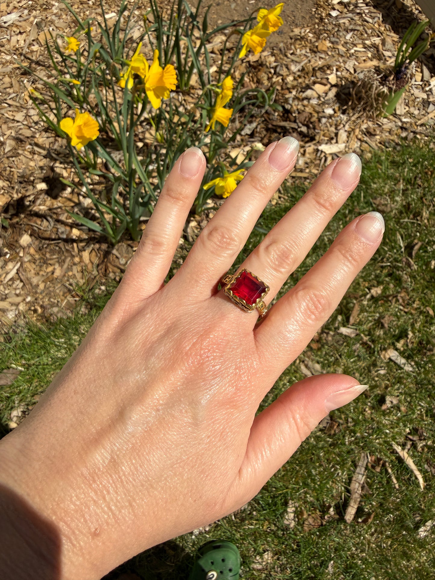 Rare Antique Pyramid Ring Enamel Vibrant Table Cut Red Paste Glass Faux Ruby 18 Gold French Bague Tombeau? Pie Crust Bezel Green Ring Butt