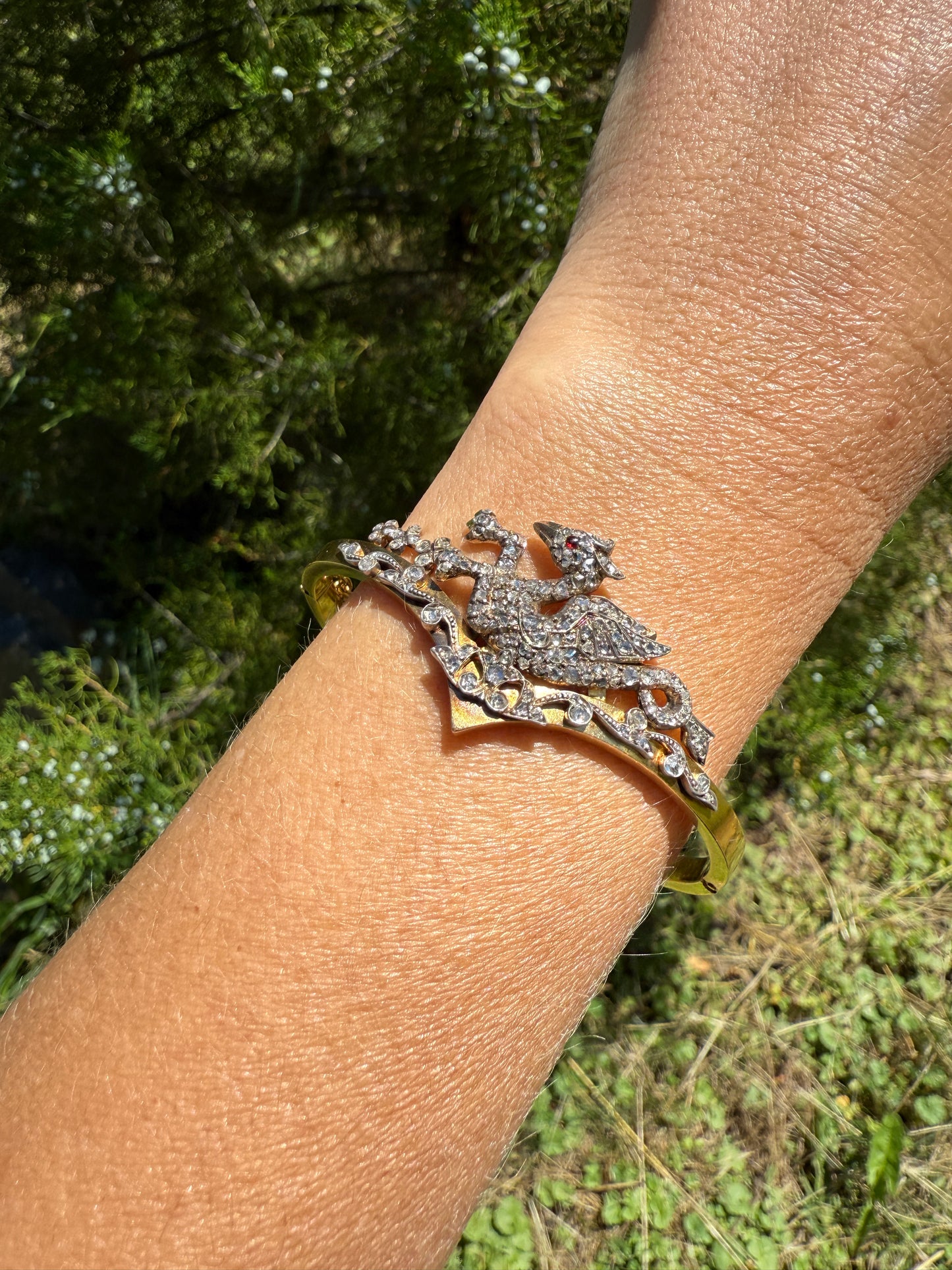 DRAGON Rare One of a Kind Antique Figural 130+ Rose Cut Diamond BANGLE Bracelet French Victorian 18k Gold Silver Chimera Phoenix