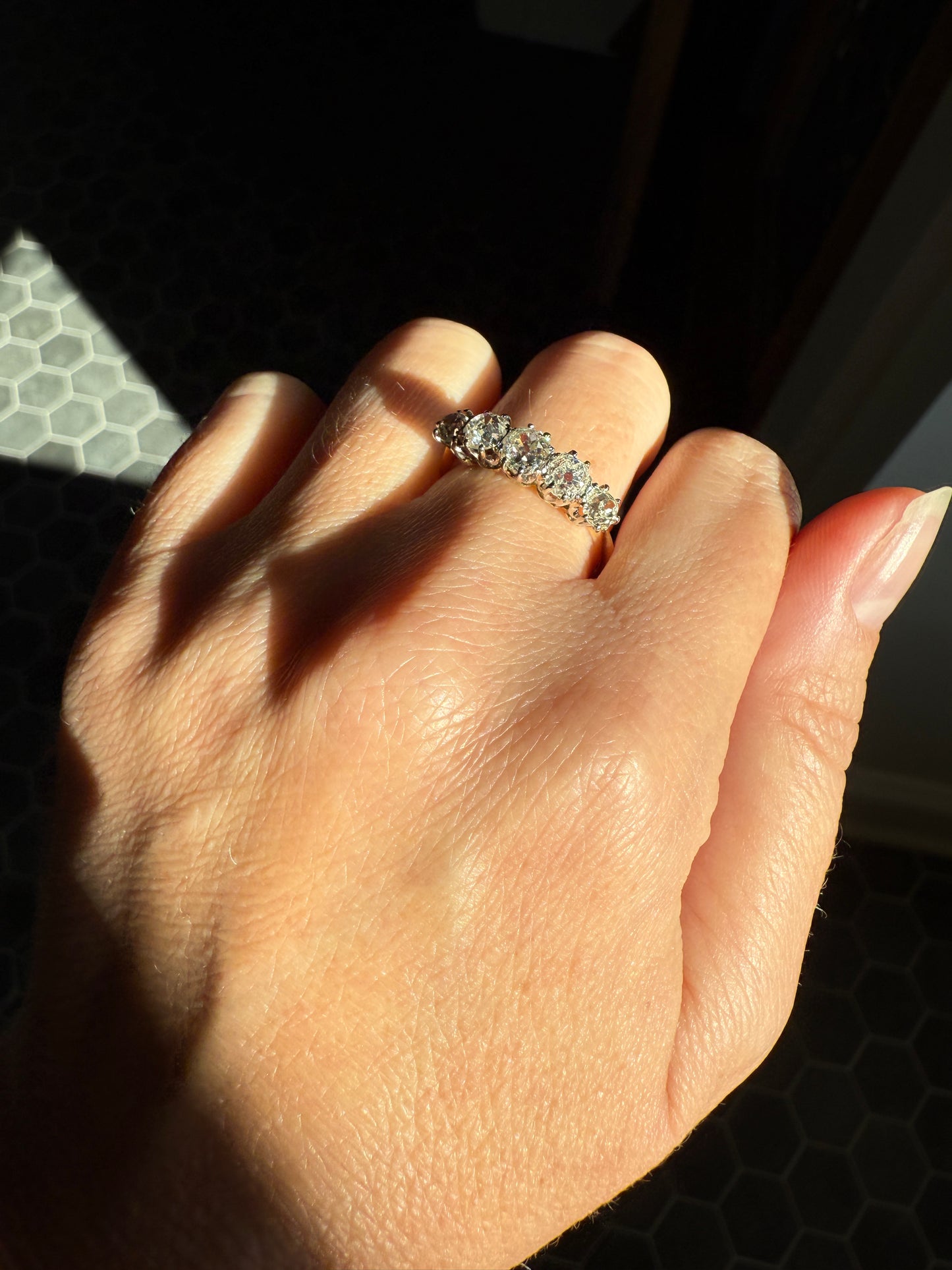 Five Stone Victorian Antique 1.75 CARAT Old Mine Cut DIAMOND Tall Stacker Ring 18k Gold Skinny Band Wedding Anniversary