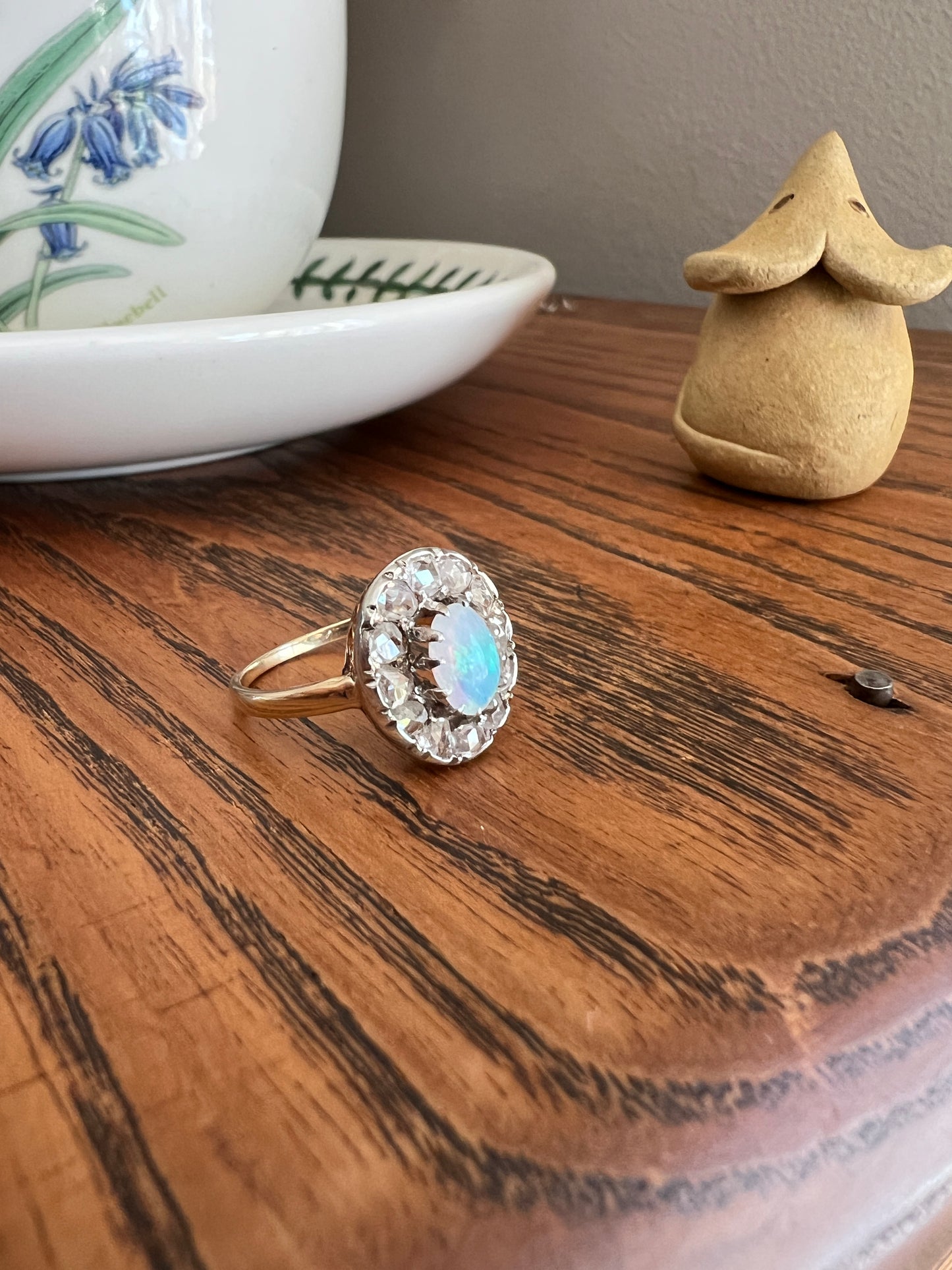 OPAL Rose Cut DIAMOND Halo Antique 18k Gold Ring Cluster Iridescent Blue Green Stacker