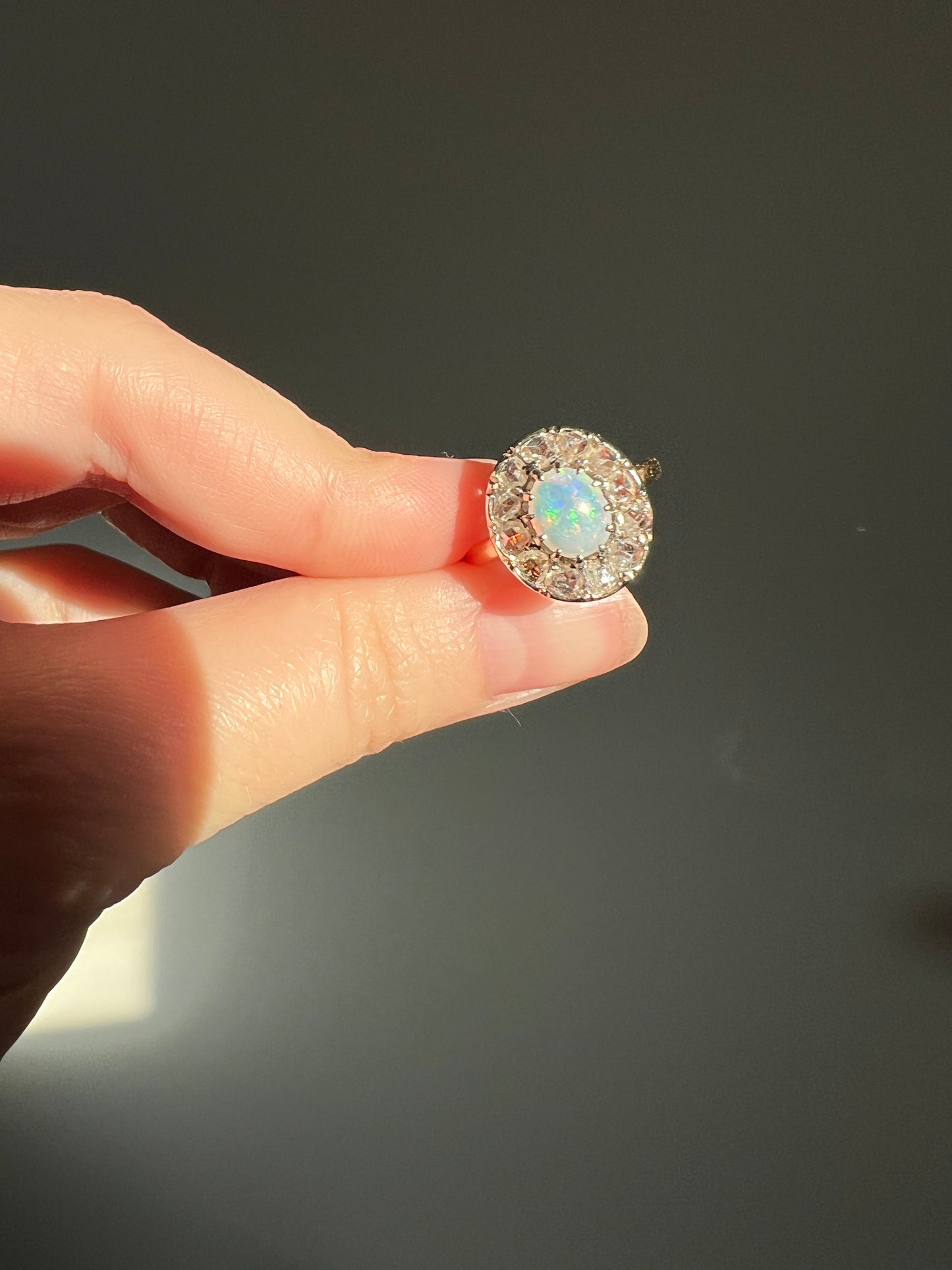 OPAL Rose Cut DIAMOND Halo Antique 18k Gold Ring Cluster Iridescent Blue Green Stacker