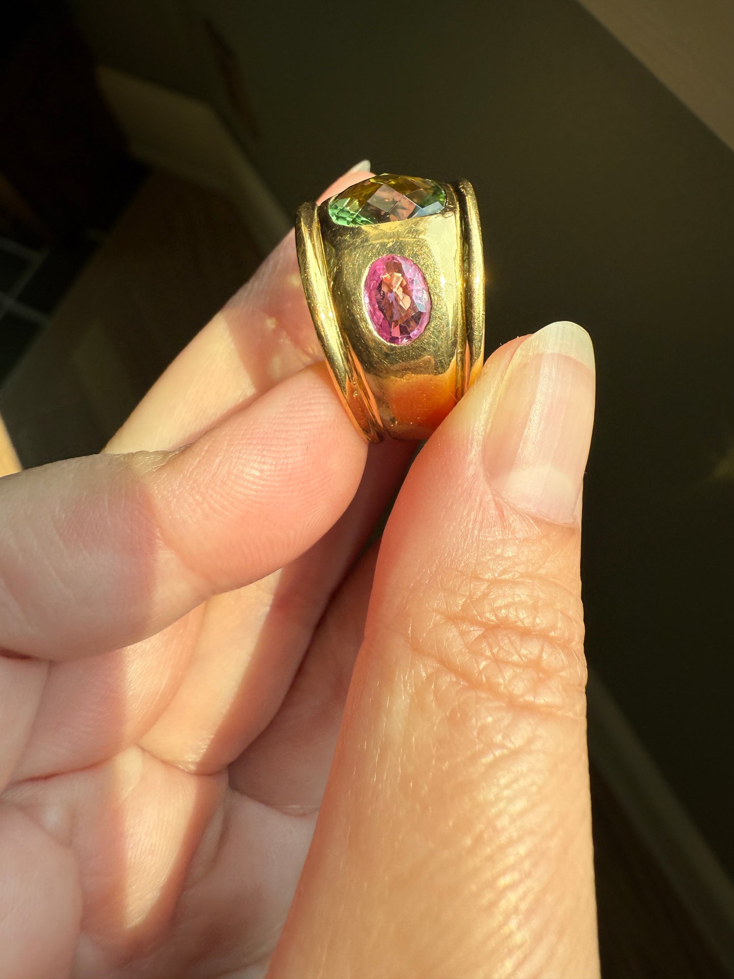 MEGA Green Tourmaline & Pink Sapphire Three Stone Ring HEAVY 20g 18k Gold Solid French Vintage Chunky Stacker Discoball Wide Band Color