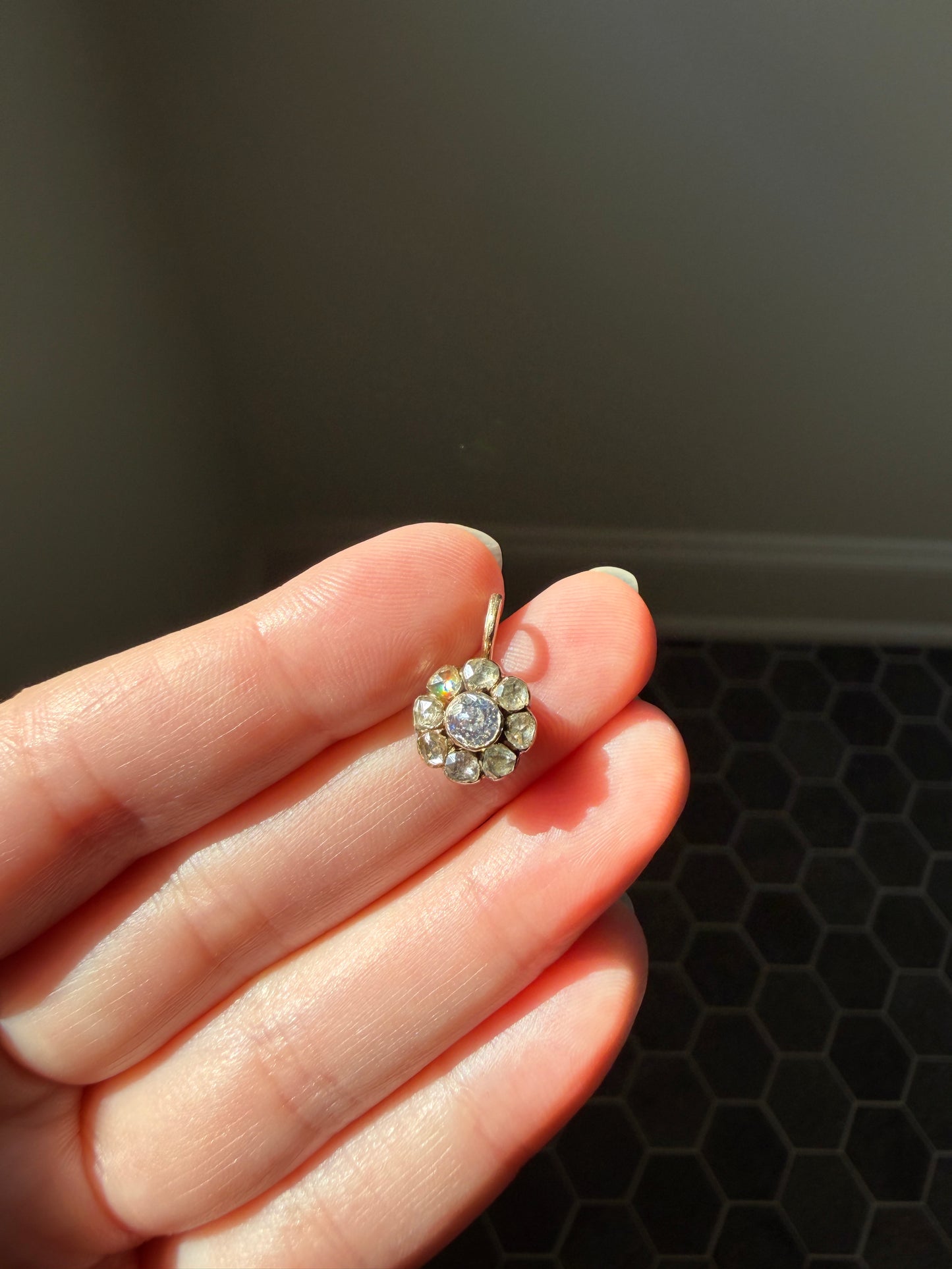 Daisy Cluster Pendant Old Mine Rose Cut DIAMOND Antique Victorian 18k Gold Pendant Necklace Bracelet Charm Floral