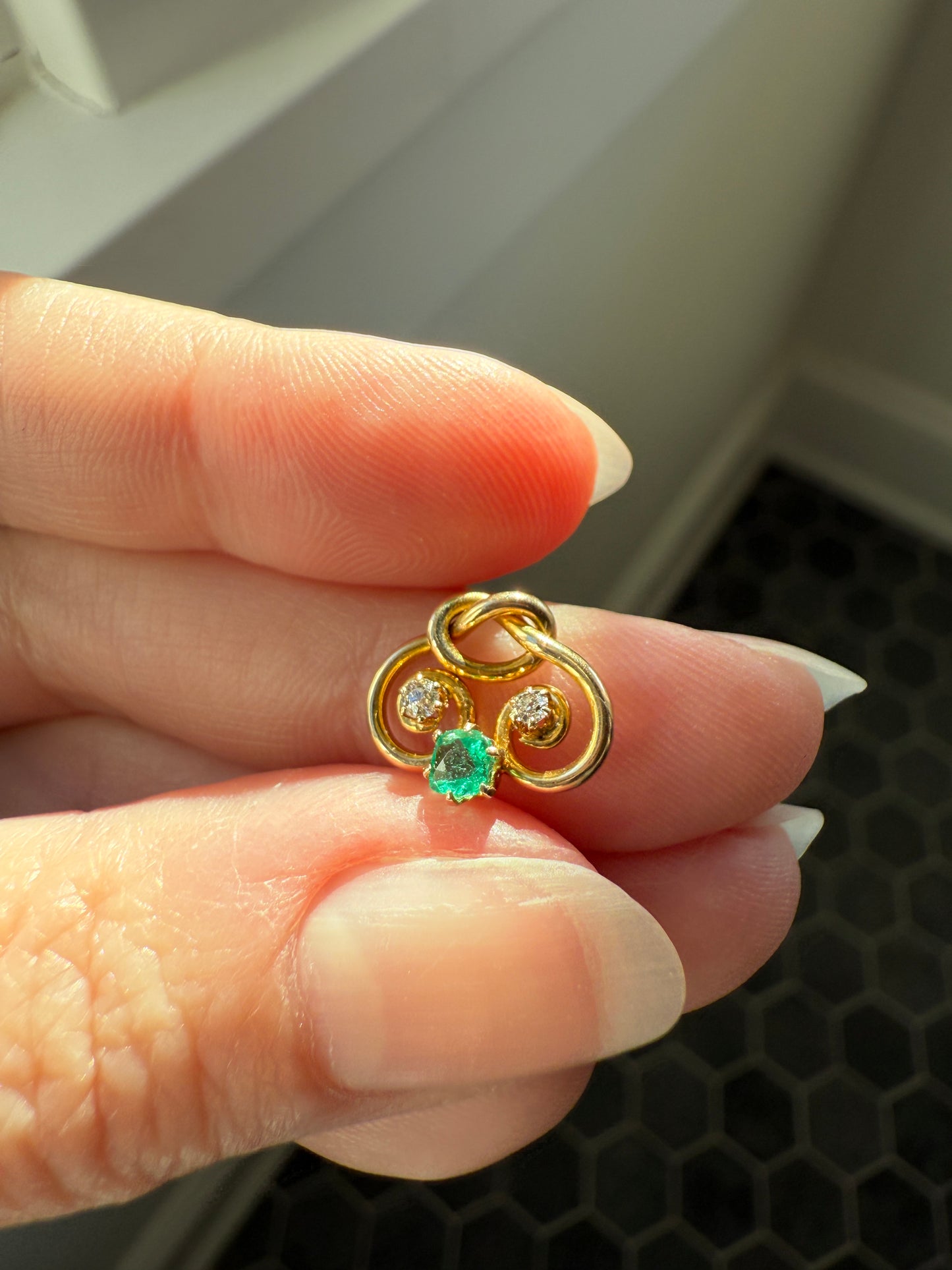 Pretzel Emerald Old Mine Cut Diamond PENDANT Antique 14k Gold Love Knot Bracelet or Necklace Charm Victorian Parts