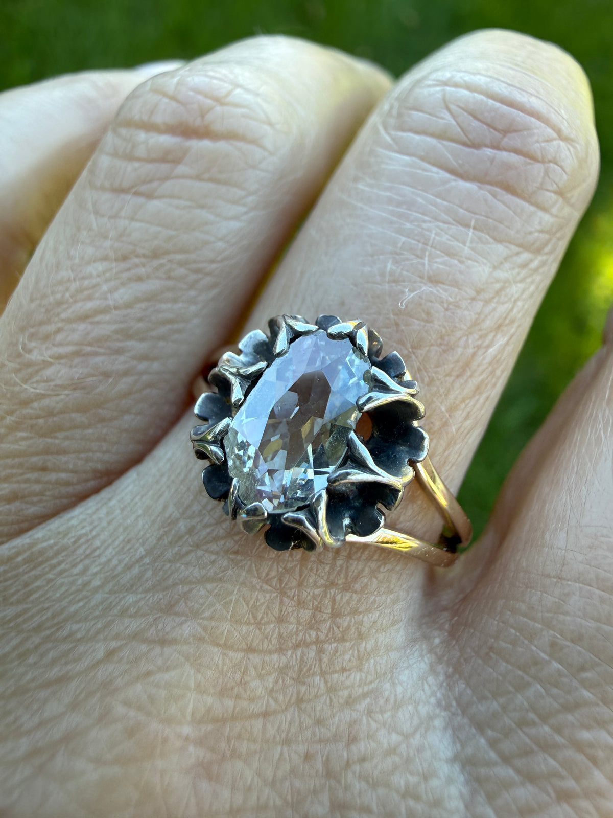 ANTIQUE Elongated Old Mine Cut Oval DIAMOND Silver Star Prong Basket Setting in 10k Gold Unique Buttercup Victorian .6 to 1.2 Ct.