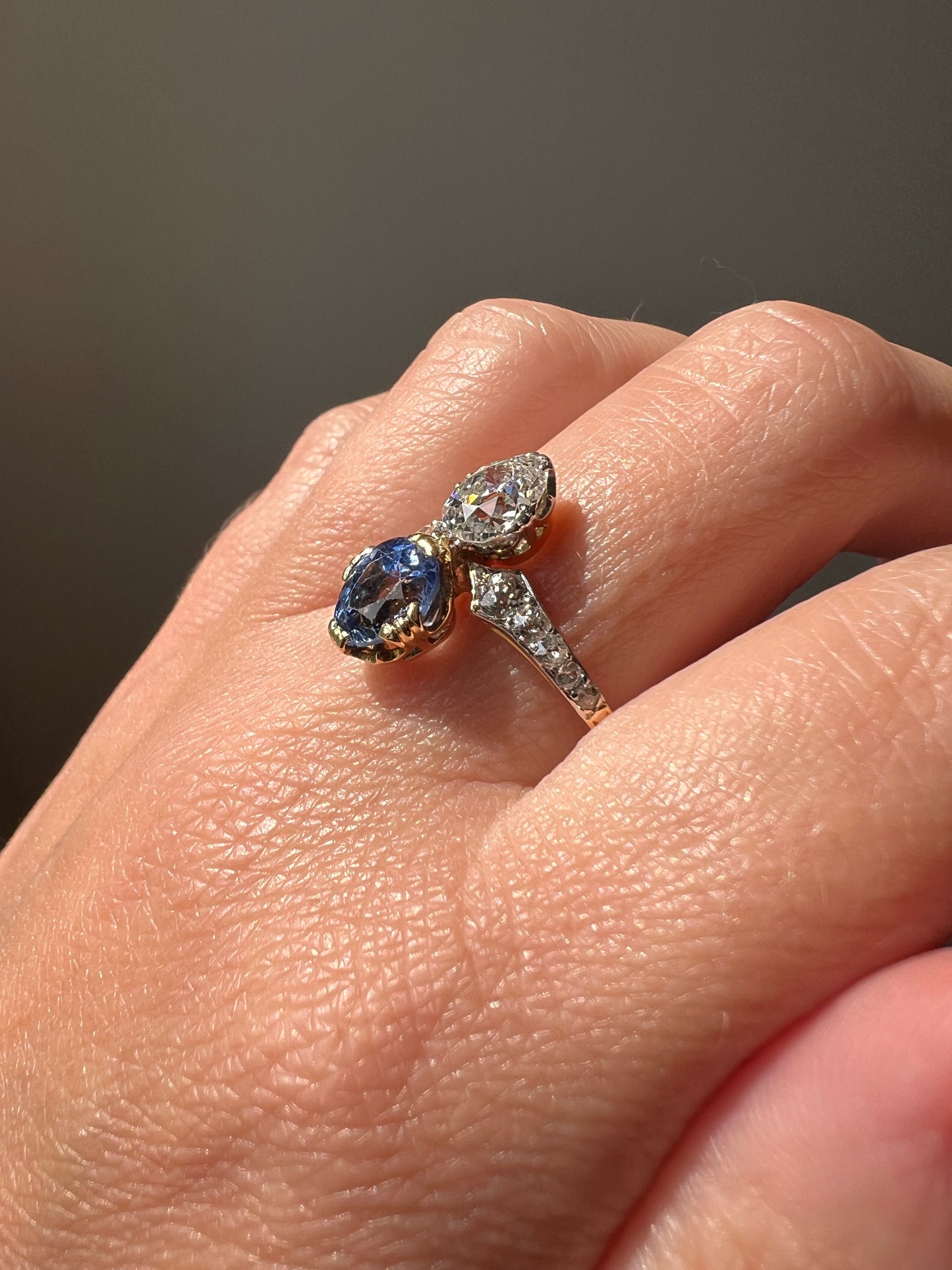 Antique No Heat PEAR Natural Ceylon SAPPHIRE Old Mine Cut DIAMOND Toi et Moi Ring 1 Carat Tdw French 18k Gold Platinum Ring