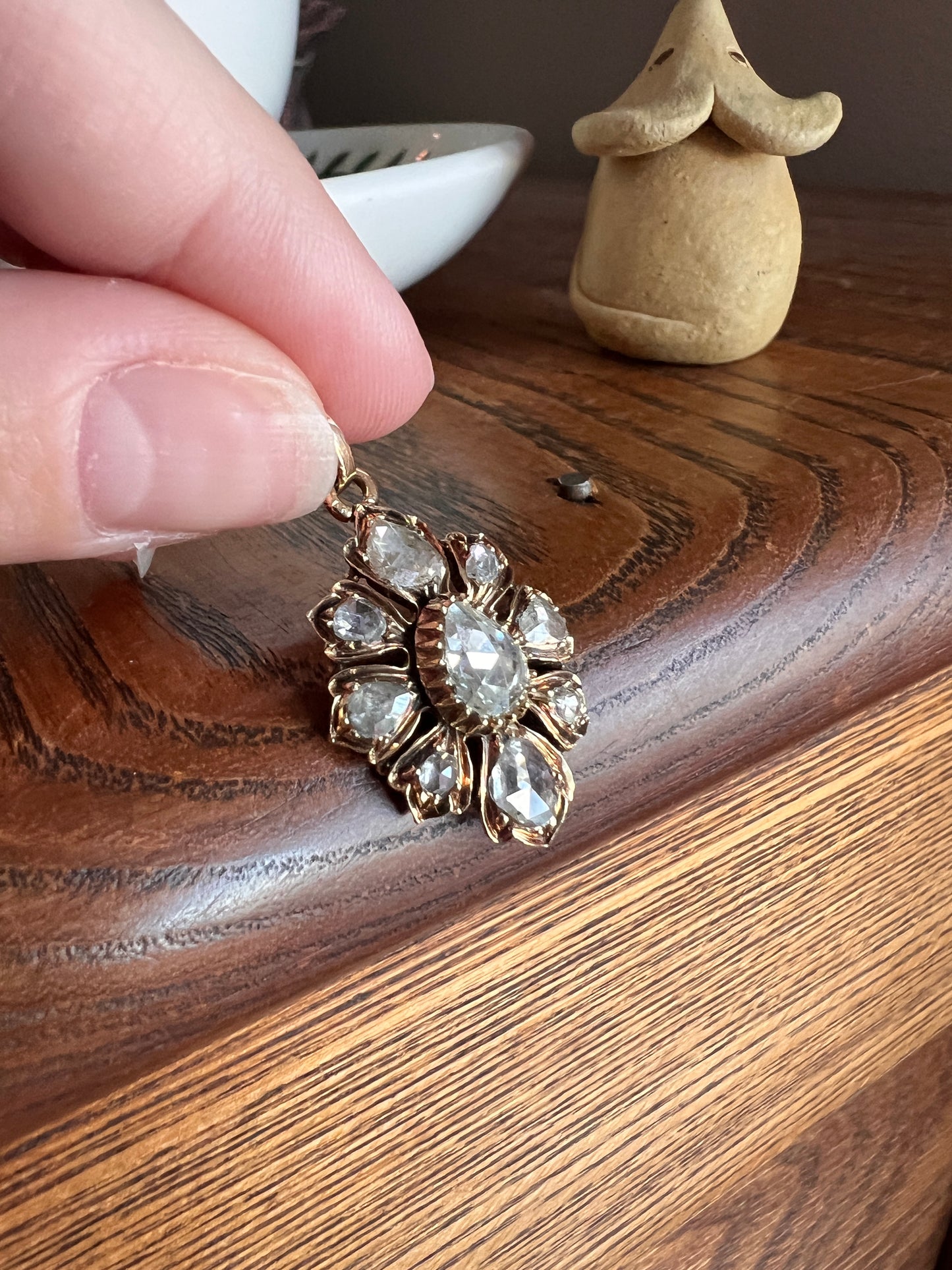 Large Antique FLORAL 2.4 Carats Rose Cut DIAMOND Cluster PENDANT French 18k Gold Victorian Gift Domed Pear