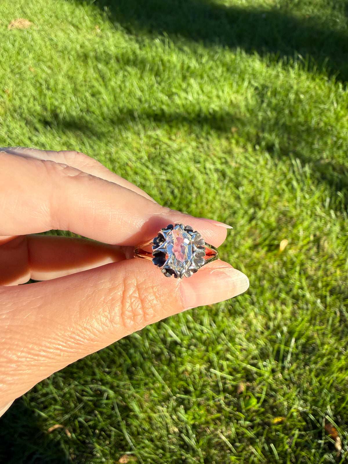 ANTIQUE Elongated Old Mine Cut Oval DIAMOND Silver Star Prong Basket Setting in 10k Gold Unique Buttercup Victorian .6 to 1.2 Ct.