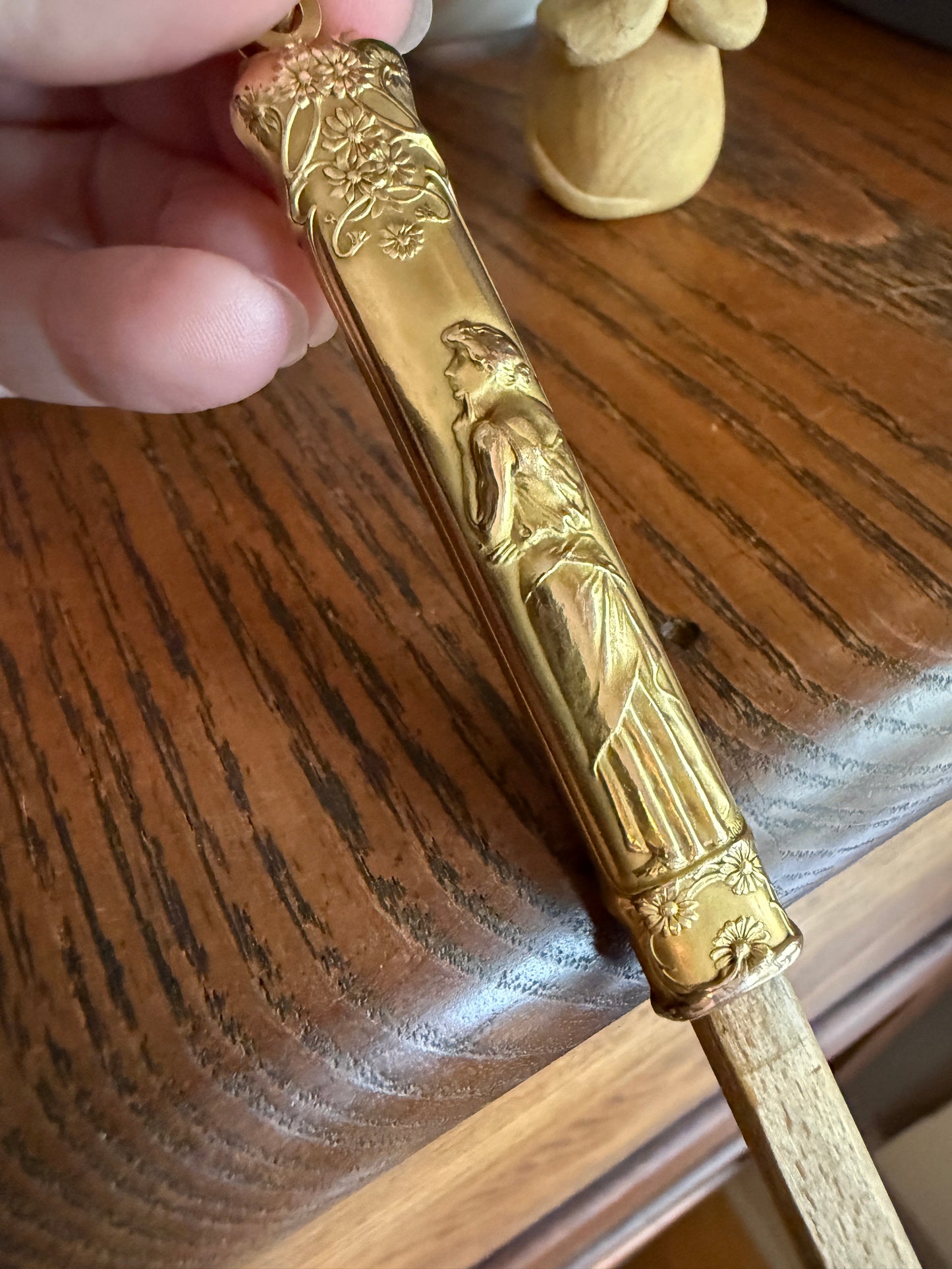 Victorian Lady French ANTIQUE " FIX " Brand Chatelaine Pencil Needle Case Pendant Rosy Gold Fill Forget Me Not Floral