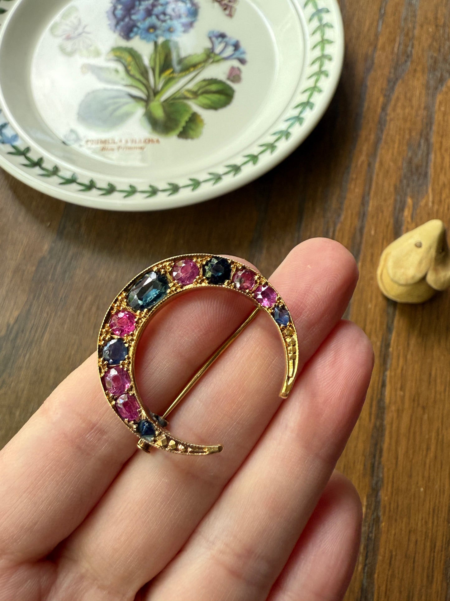 MOON Alternating Pink & Blue SAPPHIRE French Victorian ANTIQUE Pin Brooch for Pendant Romantic Gift Victorian