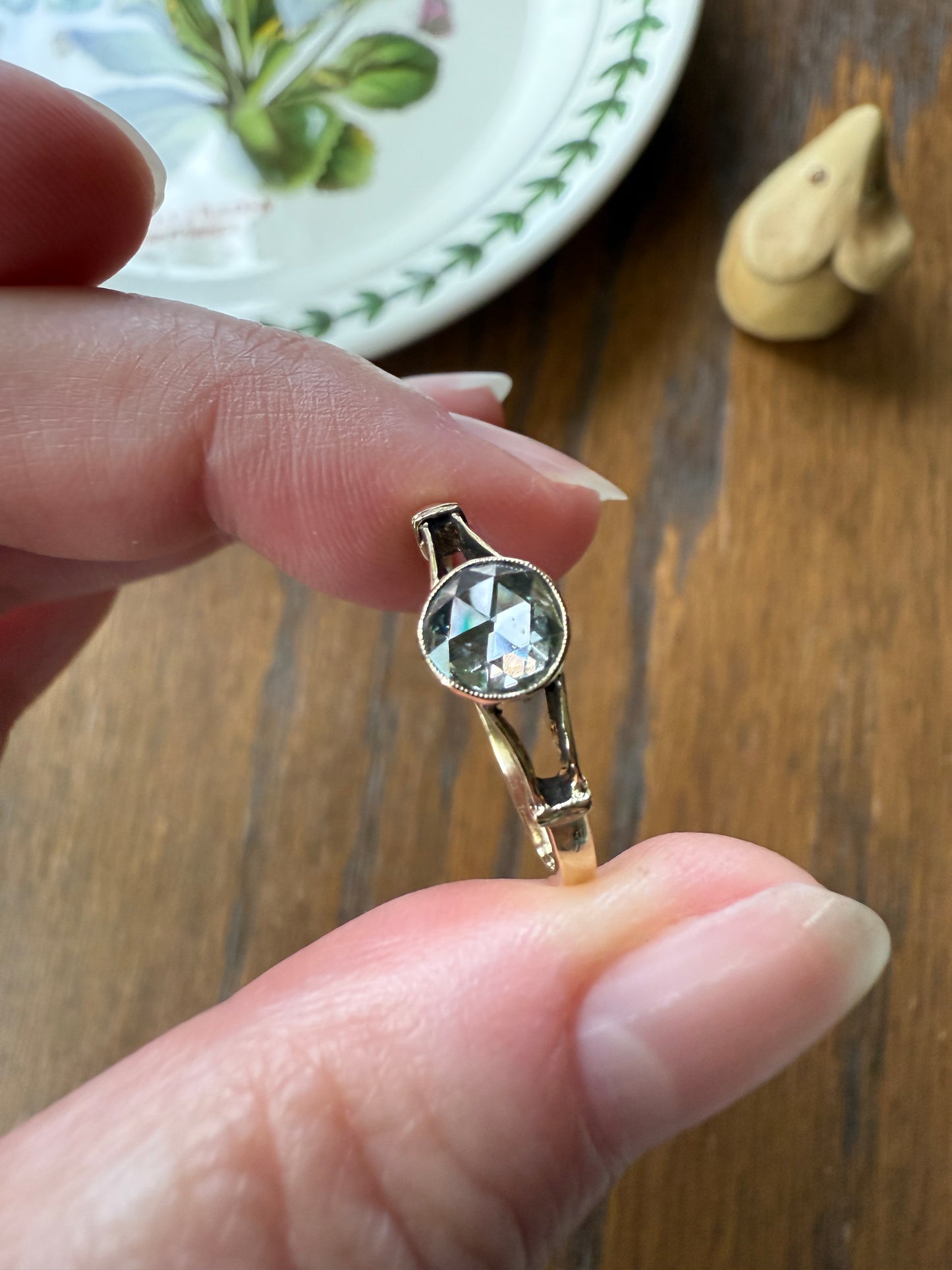 Antique 6.2mm Rose Cut DIAMOND Solitaire 14k Gold Ring Bezel Set Stacker Open Work Shoulders 1 Carat Face Up