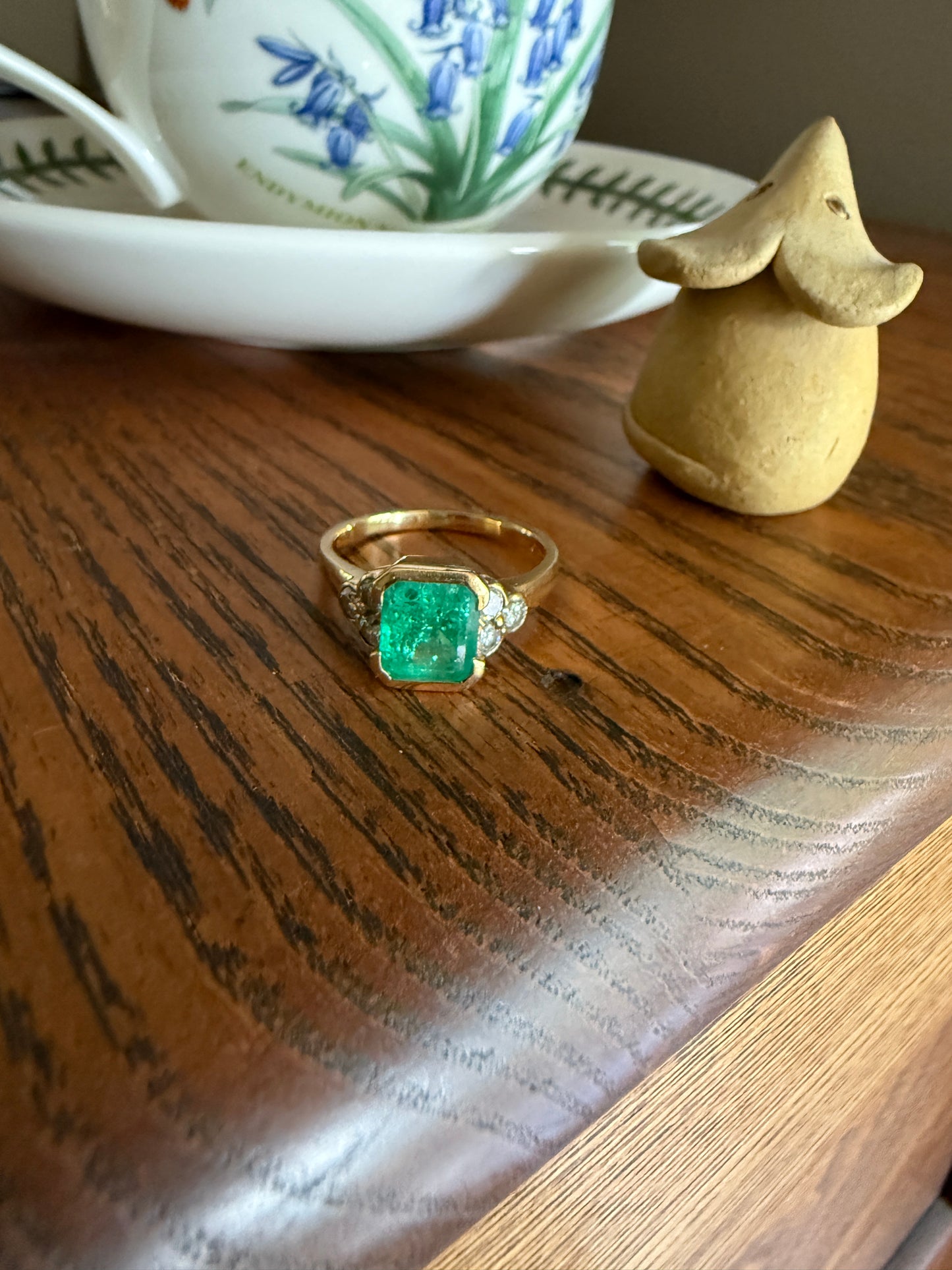 Vintage Rectangular Emerald Diamond Seven Stone Ring French 18k Gold Band Retro Stacker Green Sparkle Colorful Gift Tall Demi Bezel