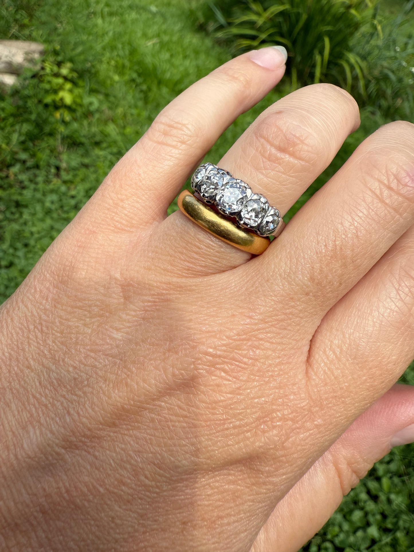 CHUNKY 1.5 Carat Five Stone Old Mine Cut Diamond Band French Antique Platinum Ring Stacker