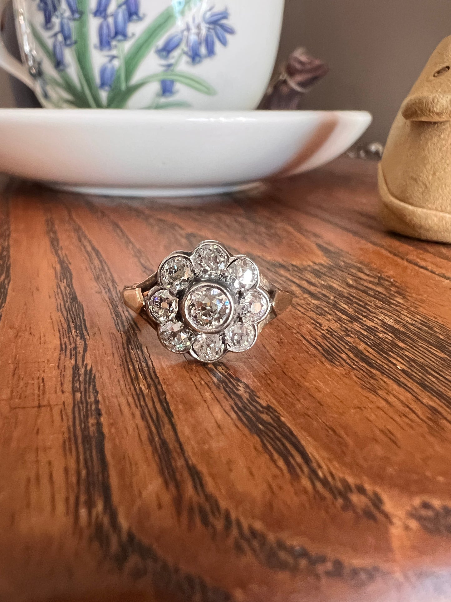 Antique Bezel Set Daisy CLUSTER Ring 1.2 CARAT Old Mine Cut DIAMOND Halo 14k Gold Stacker Victorian