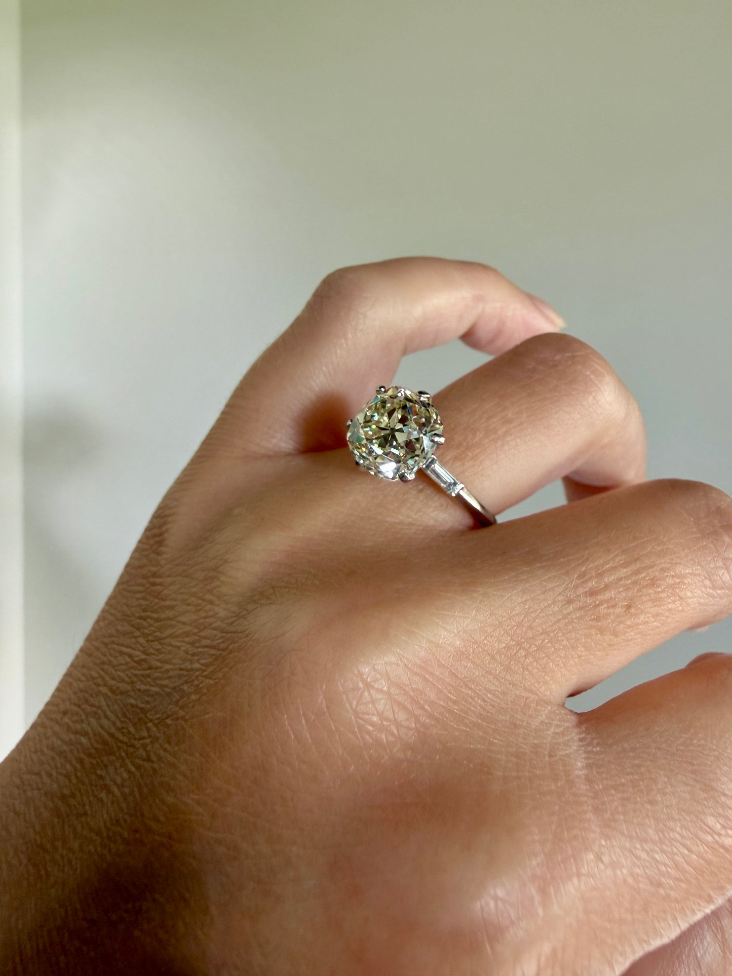 Chunky Vintage Four Carat Eye Clean Old Mine Cut Diamond Solitaire Engagement Ring French 18k White Gold Platinum Art Deco Baguette Tall OMC