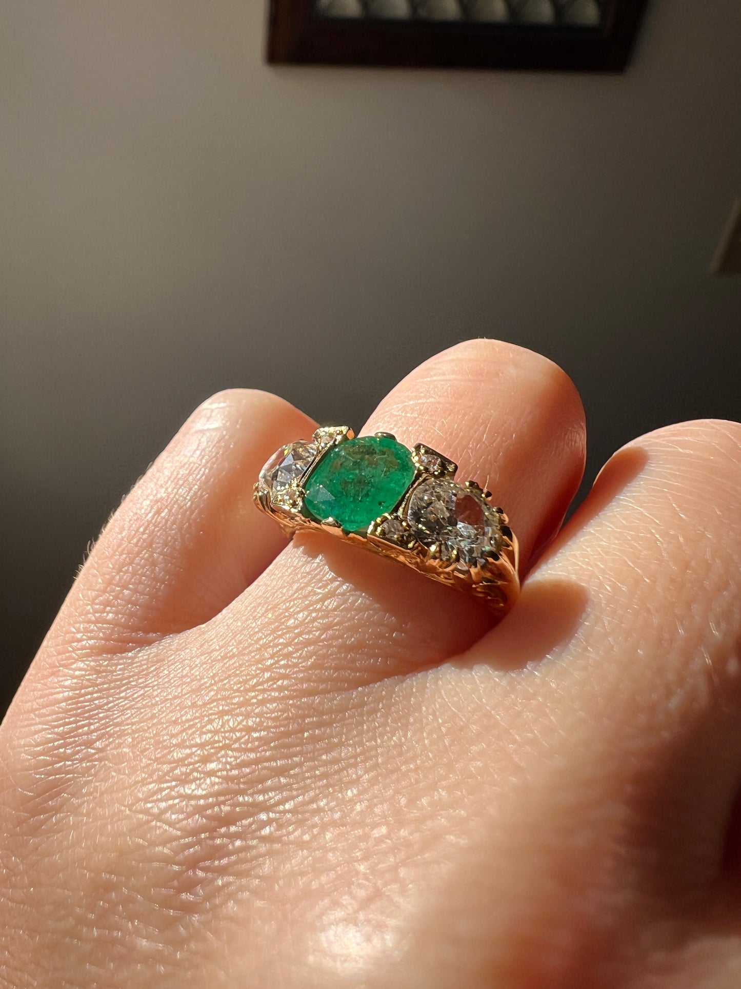 Antique 1.5 Carat Natural EMERALD & 1.9 Carat Tdw Eye Clean Old Mine Cut DIAMOND Three Stone Ring 18k Gold