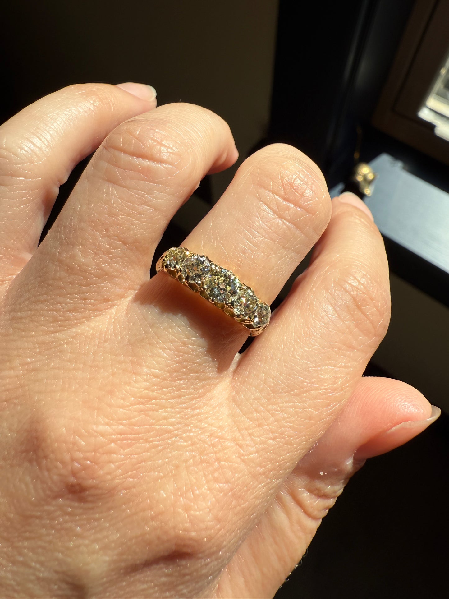 Antique 1.5 Carat Old Mine Cut DIAMOND 5 Five Stone Band Ring 18k Gold Scrolled Victorian c1888