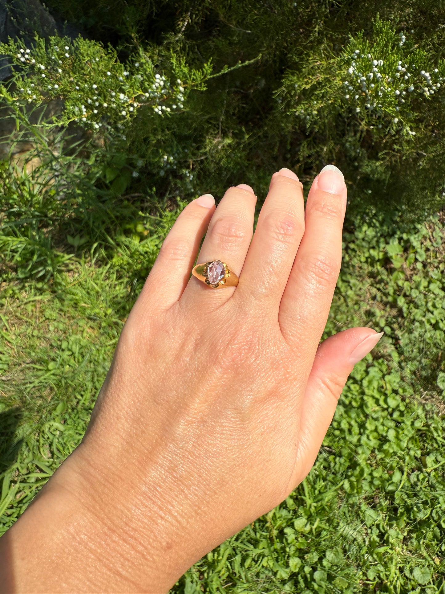 Special PEAR Open Back Rose Cut DIAMOND Original Antique Solitiare 18k Gold Buttercup Belcher Glowing Setting
