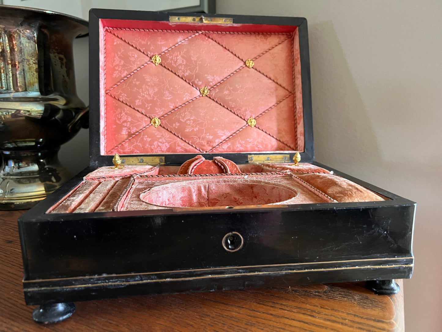 GORGEOUS French ORIGINAL Antique XL Wooden Jewelry Box Footed Inlay Brass Burl Salmon Pink Velvet Silk Interior Ring Holder