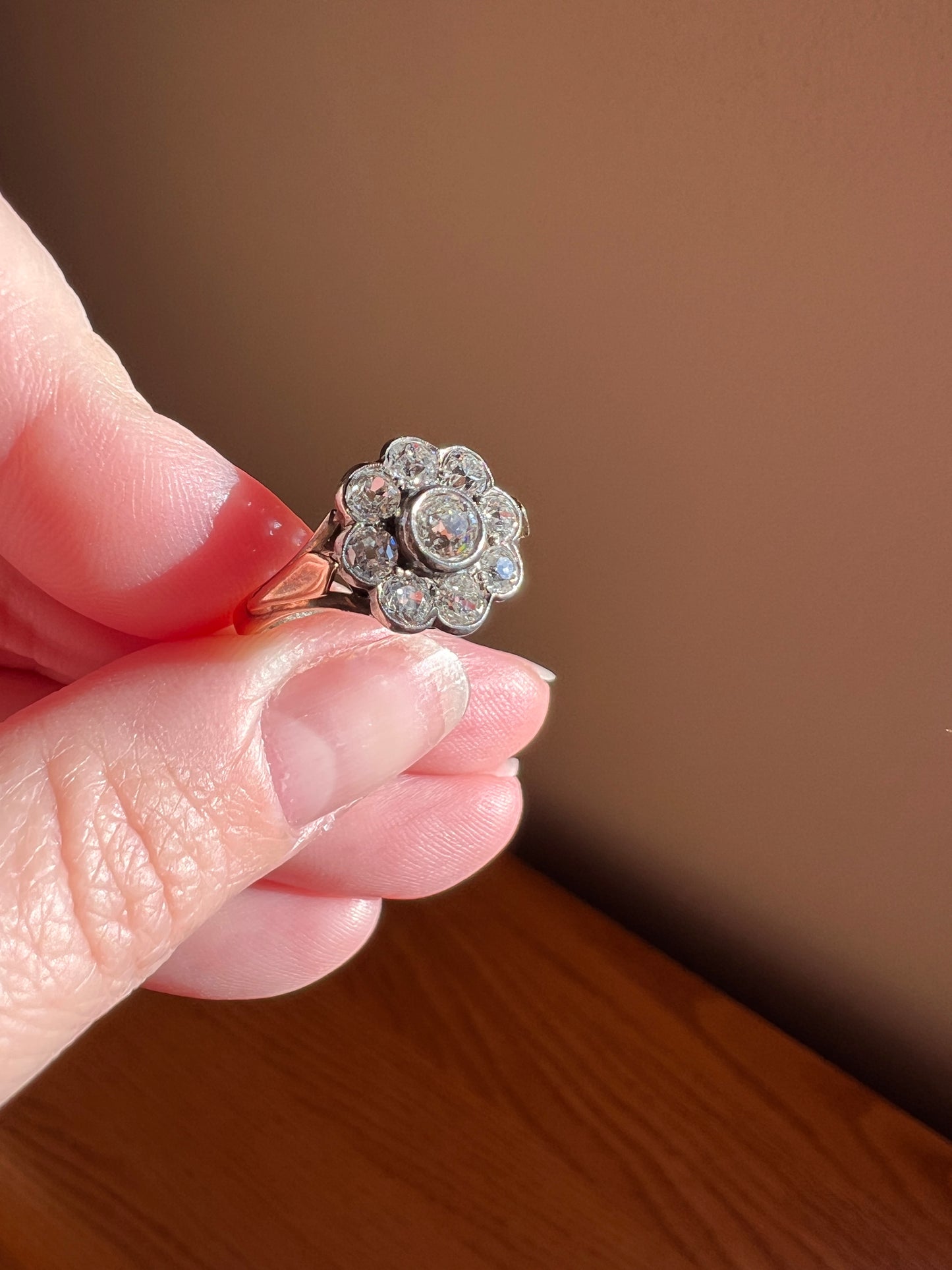 Antique Bezel Set Daisy CLUSTER Ring 1.2 CARAT Old Mine Cut DIAMOND Halo 14k Gold Stacker Victorian