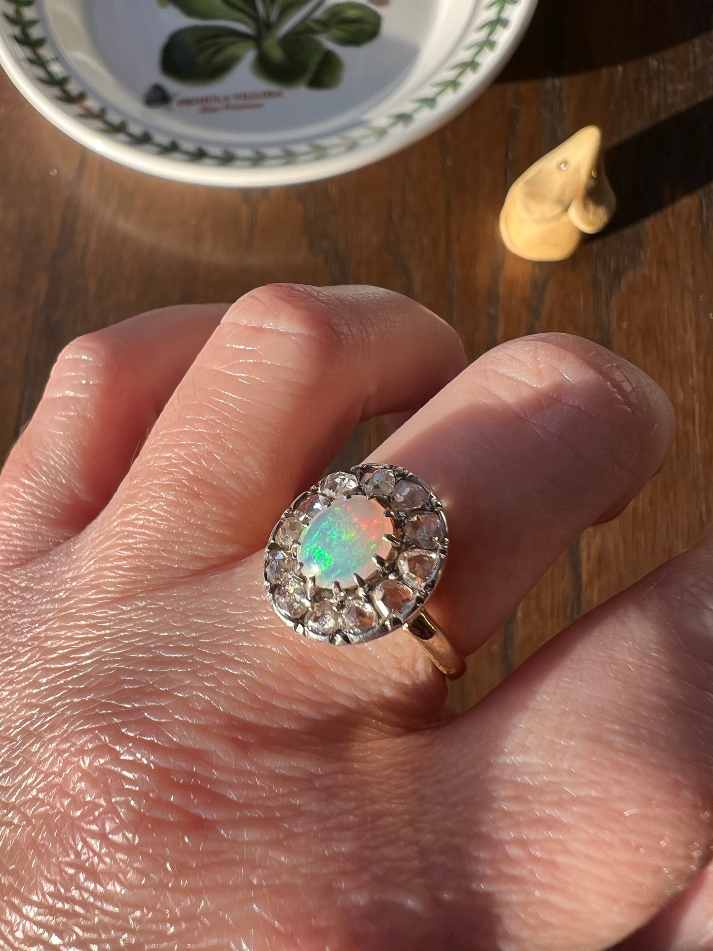 OPAL Rose Cut DIAMOND Halo Antique 18k Gold Ring Cluster Iridescent Blue Green Stacker