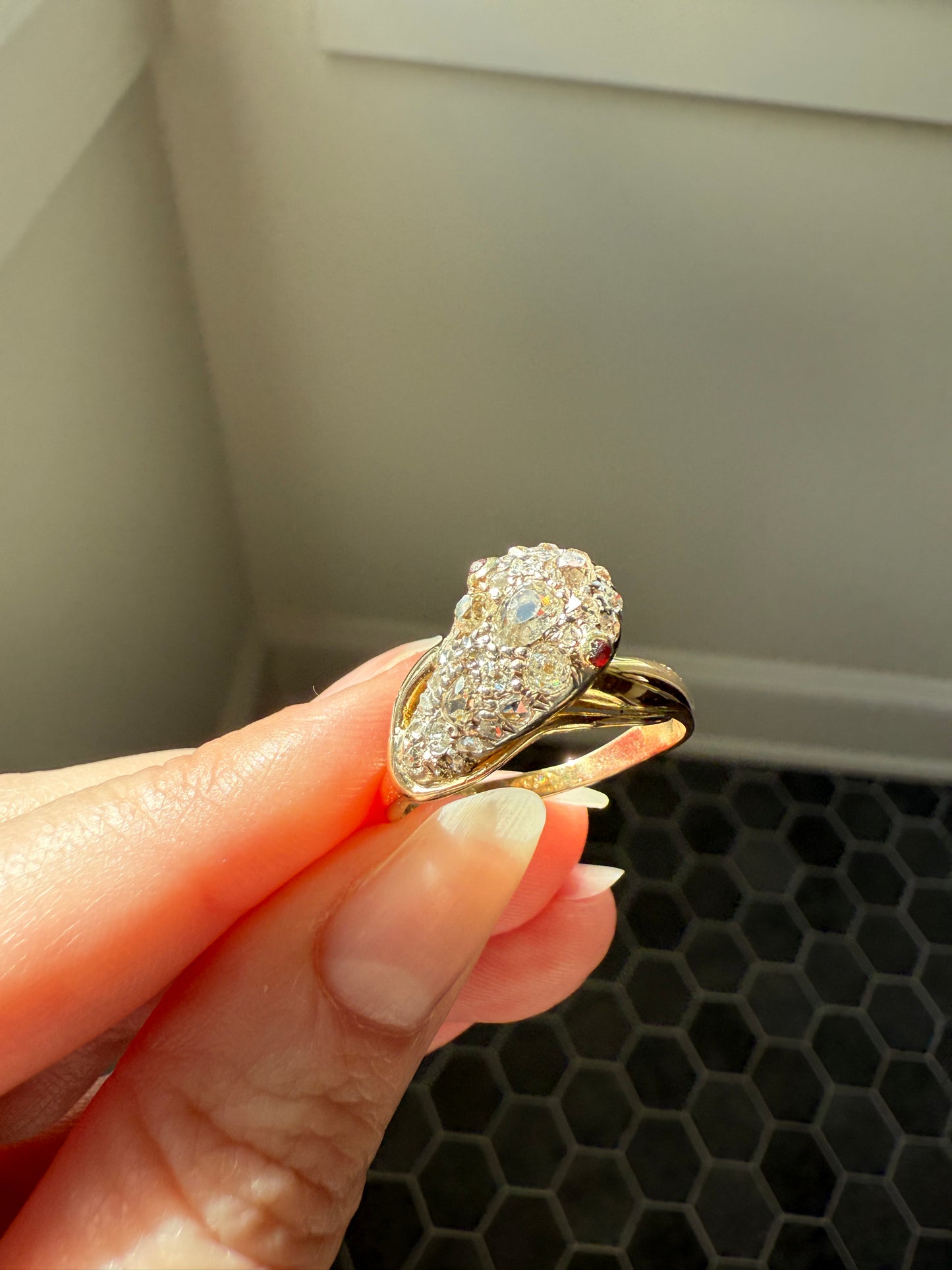 SNAKE Antique Figural Ring Chunky 1.5 Carat Rose Old Mine Cut Diamonds Encrusted Head Center Pear Ruby Eyes 18k Gold Solid 3D Band