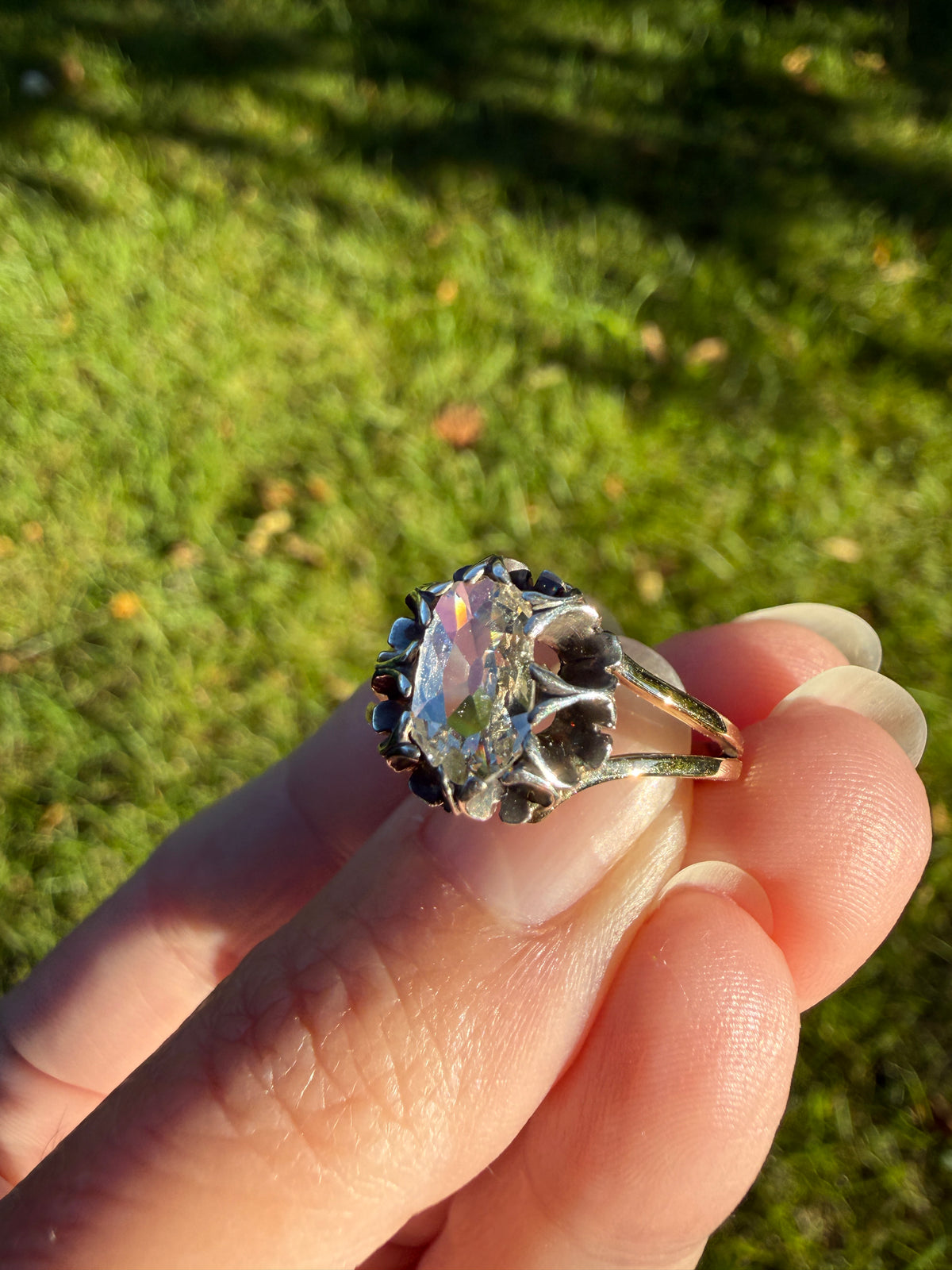 ANTIQUE Elongated Old Mine Cut Oval DIAMOND Silver Star Prong Basket Setting in 10k Gold Unique Buttercup Victorian .6 to 1.2 Ct.