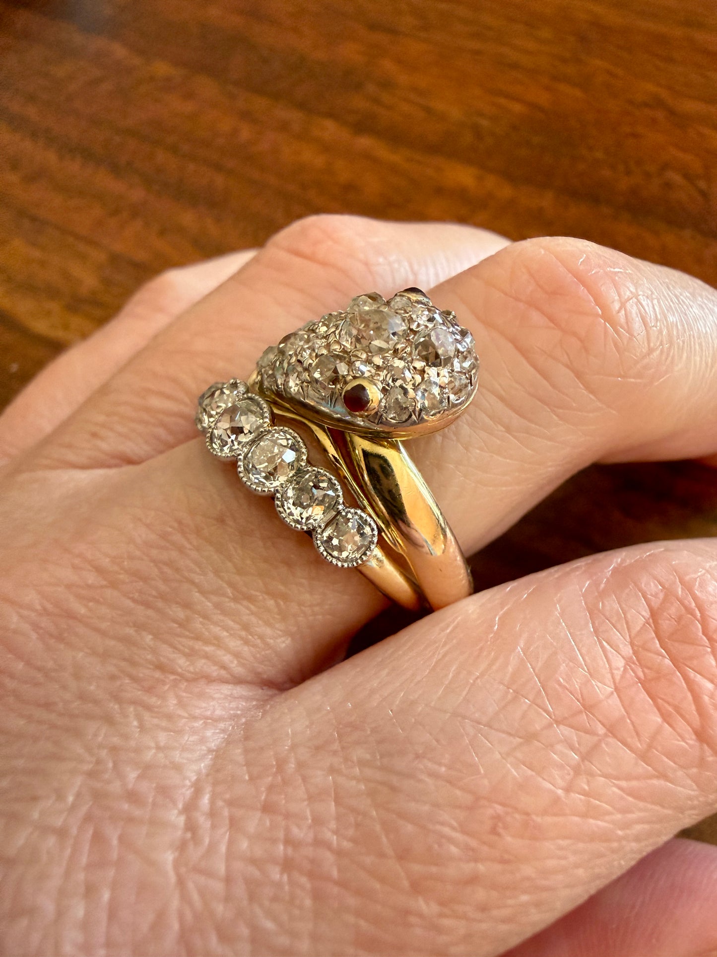 SNAKE Antique Figural Ring Chunky 1.5 Carat Rose Old Mine Cut Diamonds Encrusted Head Center Pear Ruby Eyes 18k Gold Solid 3D Band