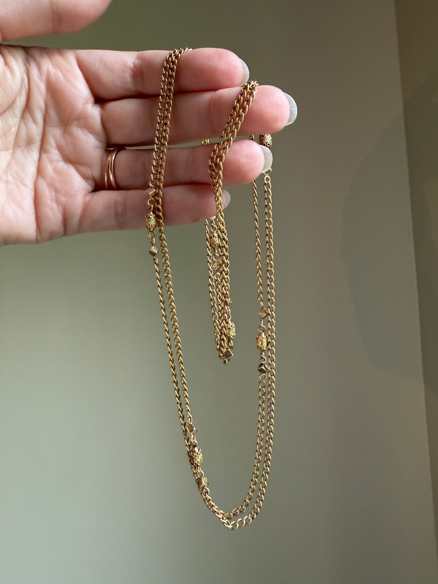 CUBE & Tricolor Oval French VICTORIAN Green 18k Gold 11.2g Extra Long Guard Cable Link Muff Double Chain Necklace Pendant Holder Bracelet