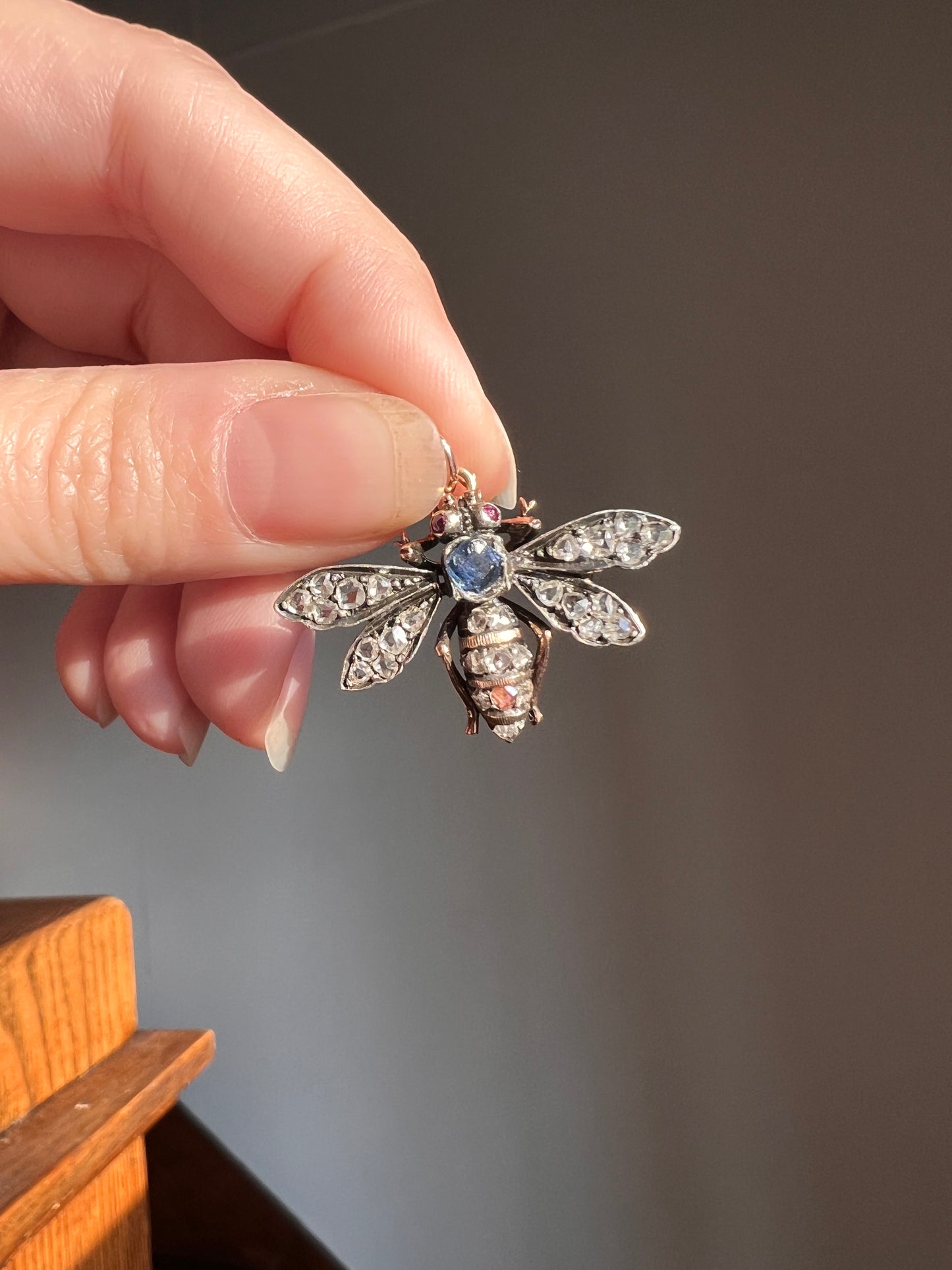 BUG Fly BEE French Antique Victorian Figural Pendant 1 Carat Rose Cut DIAMOND Ruby Sapphire 18k Gold Silver Figural