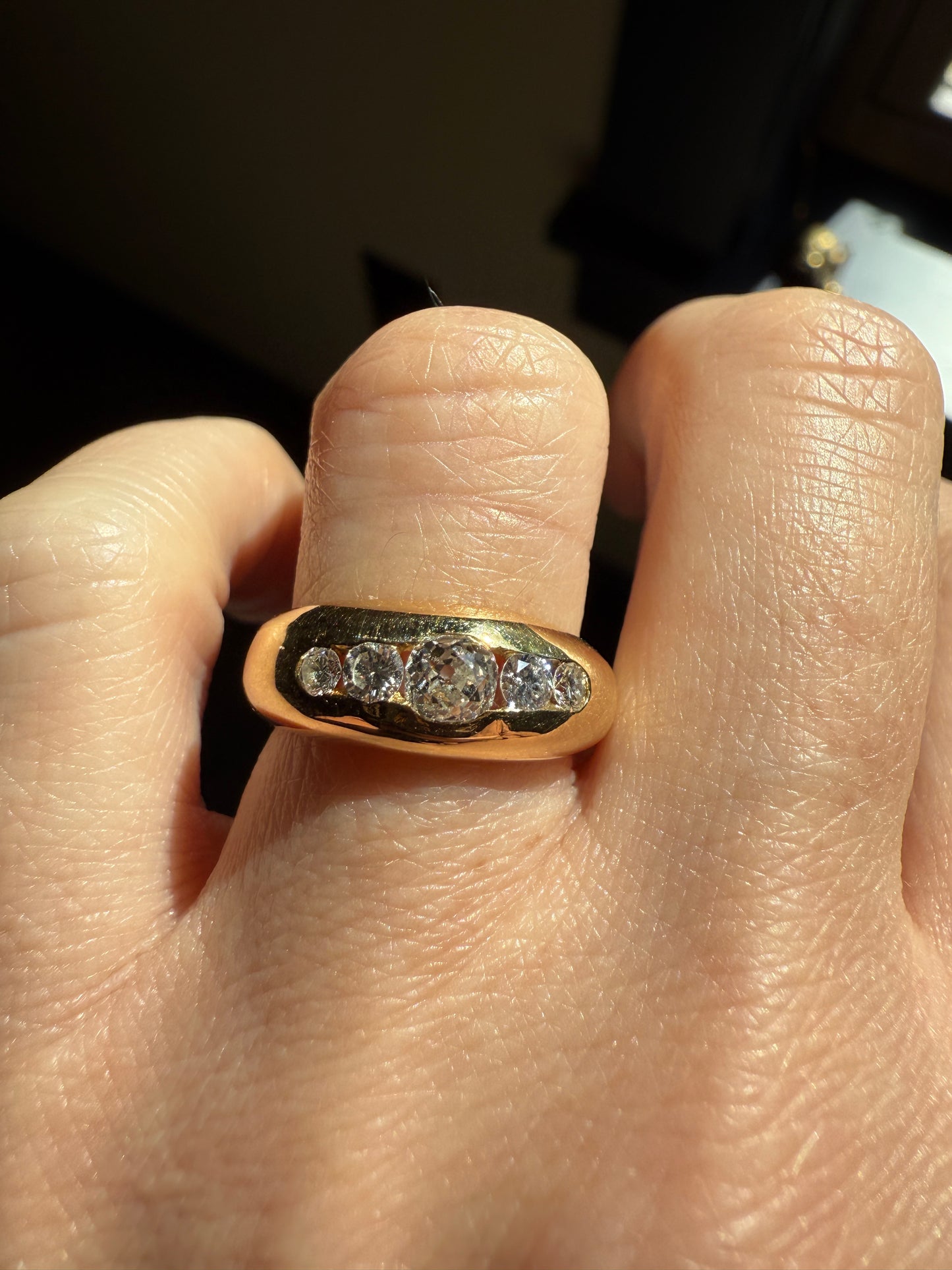 French Vintage .6 Carat Five Stone Ring Antique Old Mine Cut DIAMOND Center Wide Band 18k Gold Solid Stacker Chunky Domed