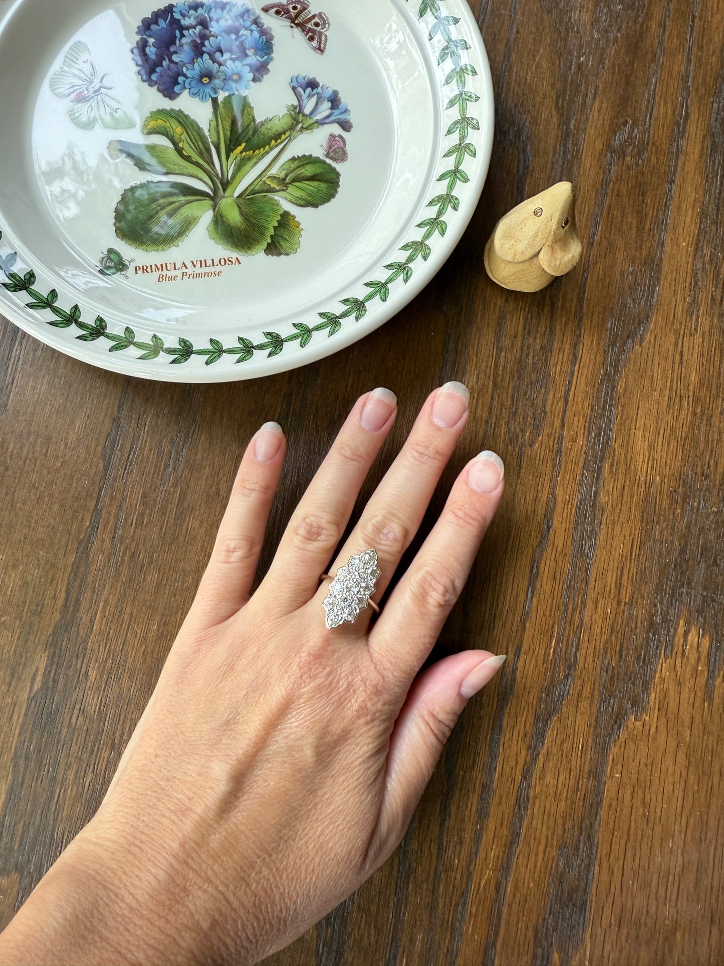 TALL Unique 2.3 Carat Old Mine Cut DIAMOND Navette Cluster Ring French Vintage 18k White Gold Demi Bezel Halo Cobblestone Texture 2.3Ctw OMC