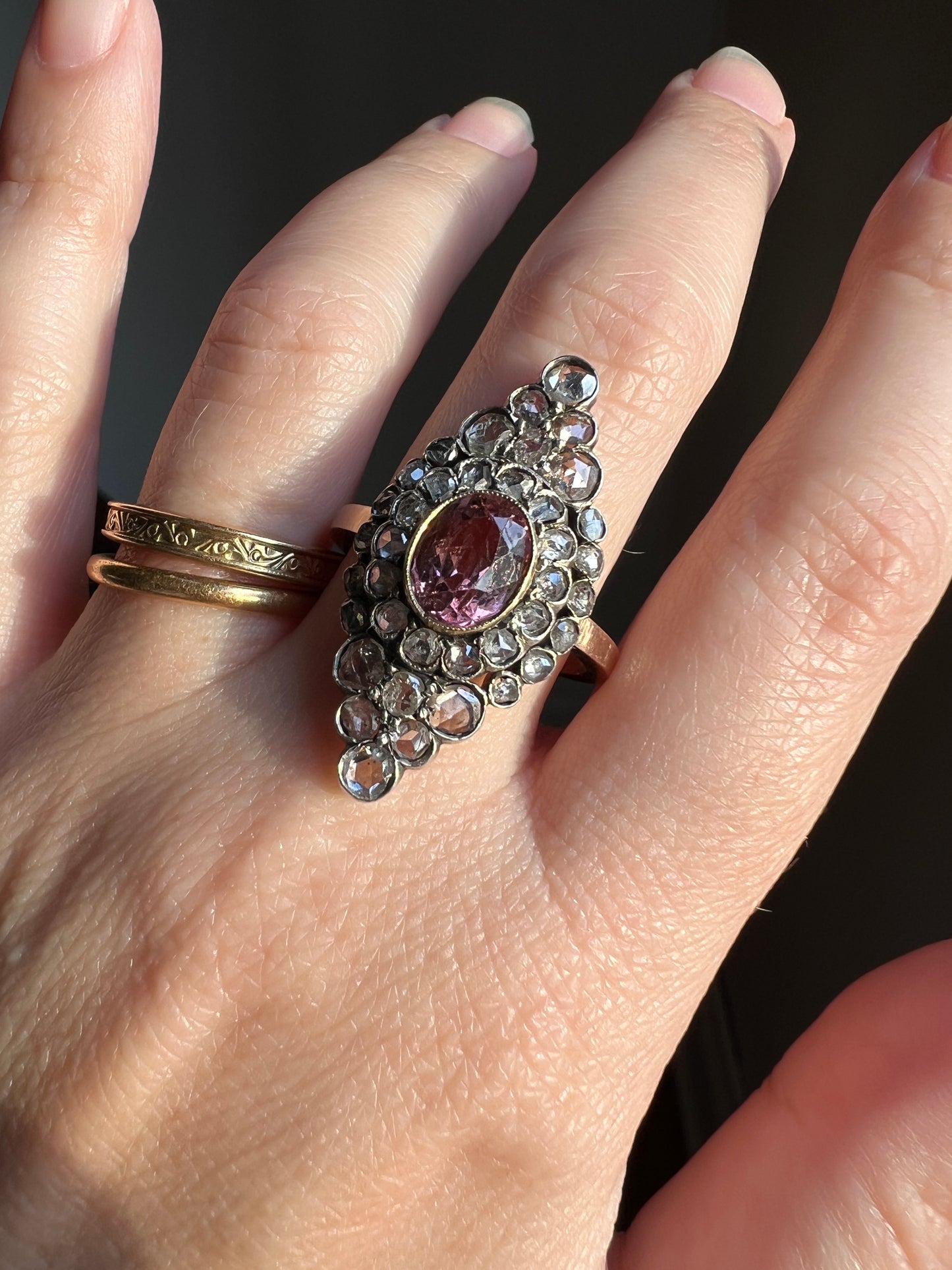 Pink TOURMALINE 2 Carats Rose Cut DIAMONDS XL Antique Navette Ring 14k Gold Platinum Tiered Halo Cluster