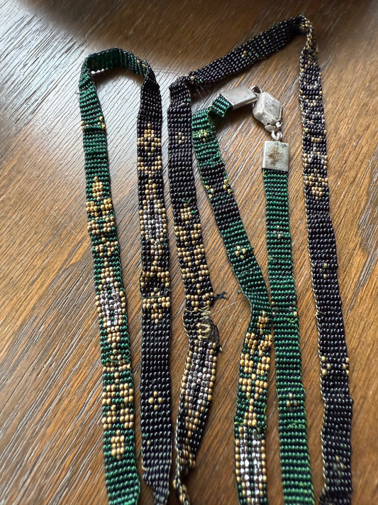 Victorian Antique Emerald Green Black and Gold Intricate Hand Beaded Long Chain Wide Ribbon Flapper Style