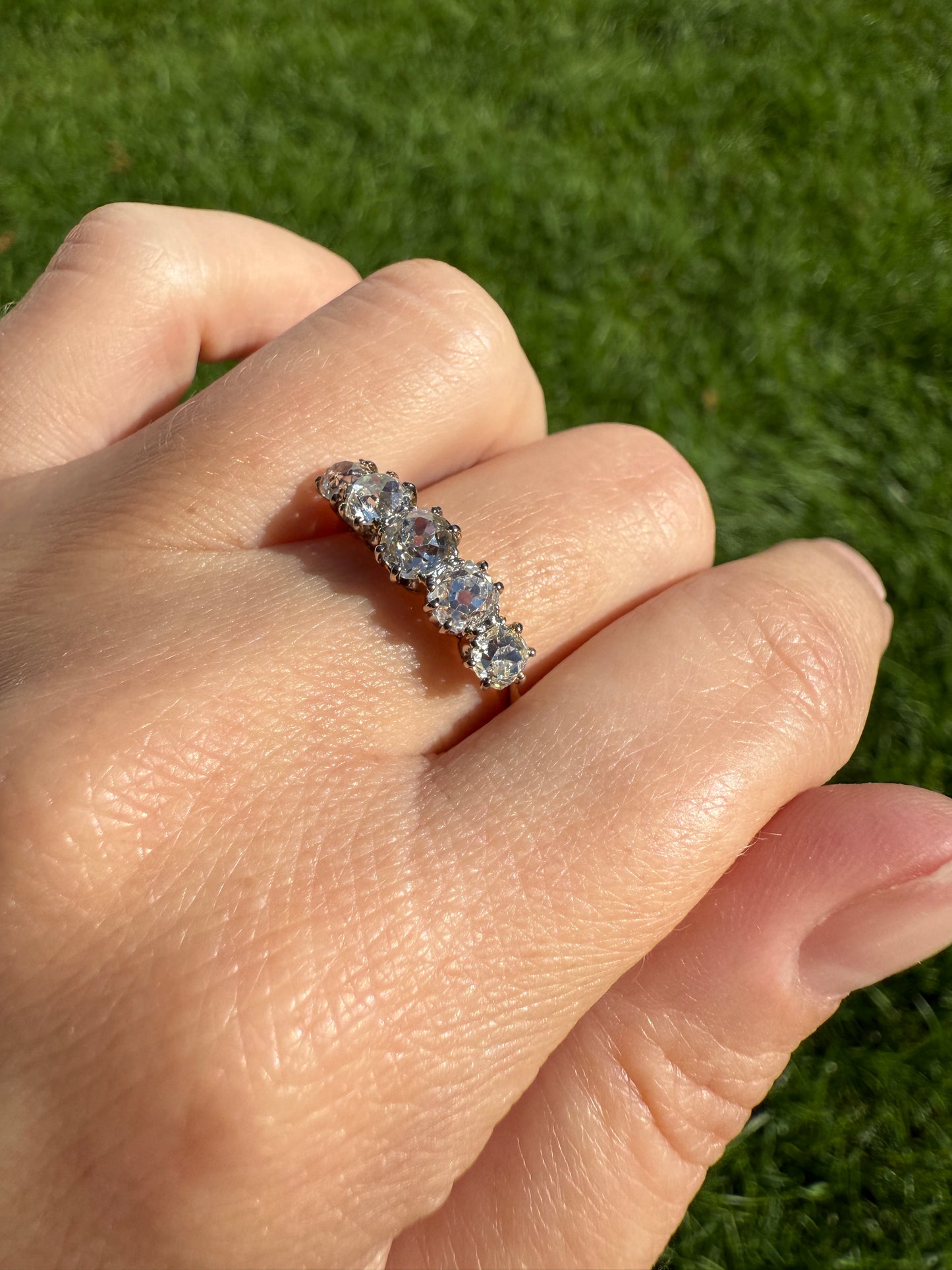Five Stone Victorian Antique 1.75 CARAT Old Mine Cut DIAMOND Tall Stacker Ring 18k Gold Skinny Band Wedding Anniversary