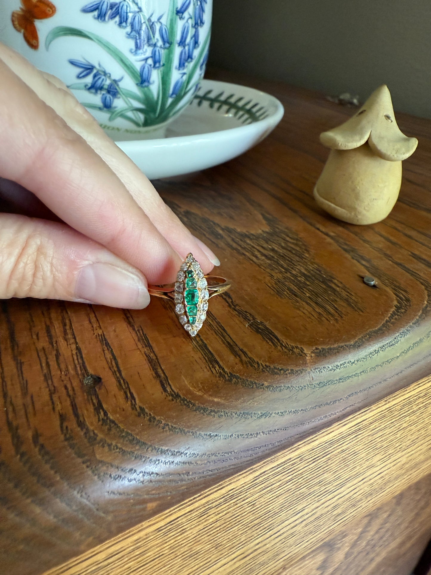 Emerald Five Stone Antique Old Mine Cut DIAMOND Halo Navette Ring 18k Gold Skinny Green Sparkle Stacker Victorian