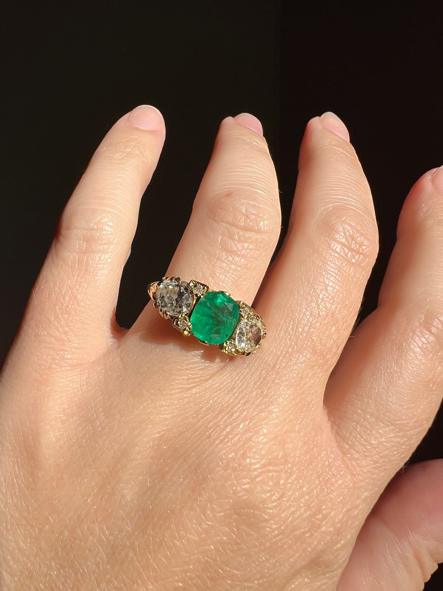 Antique 1.5 Carat Natural EMERALD & 1.9 Carat Tdw Eye Clean Old Mine Cut DIAMOND Three Stone Ring 18k Gold