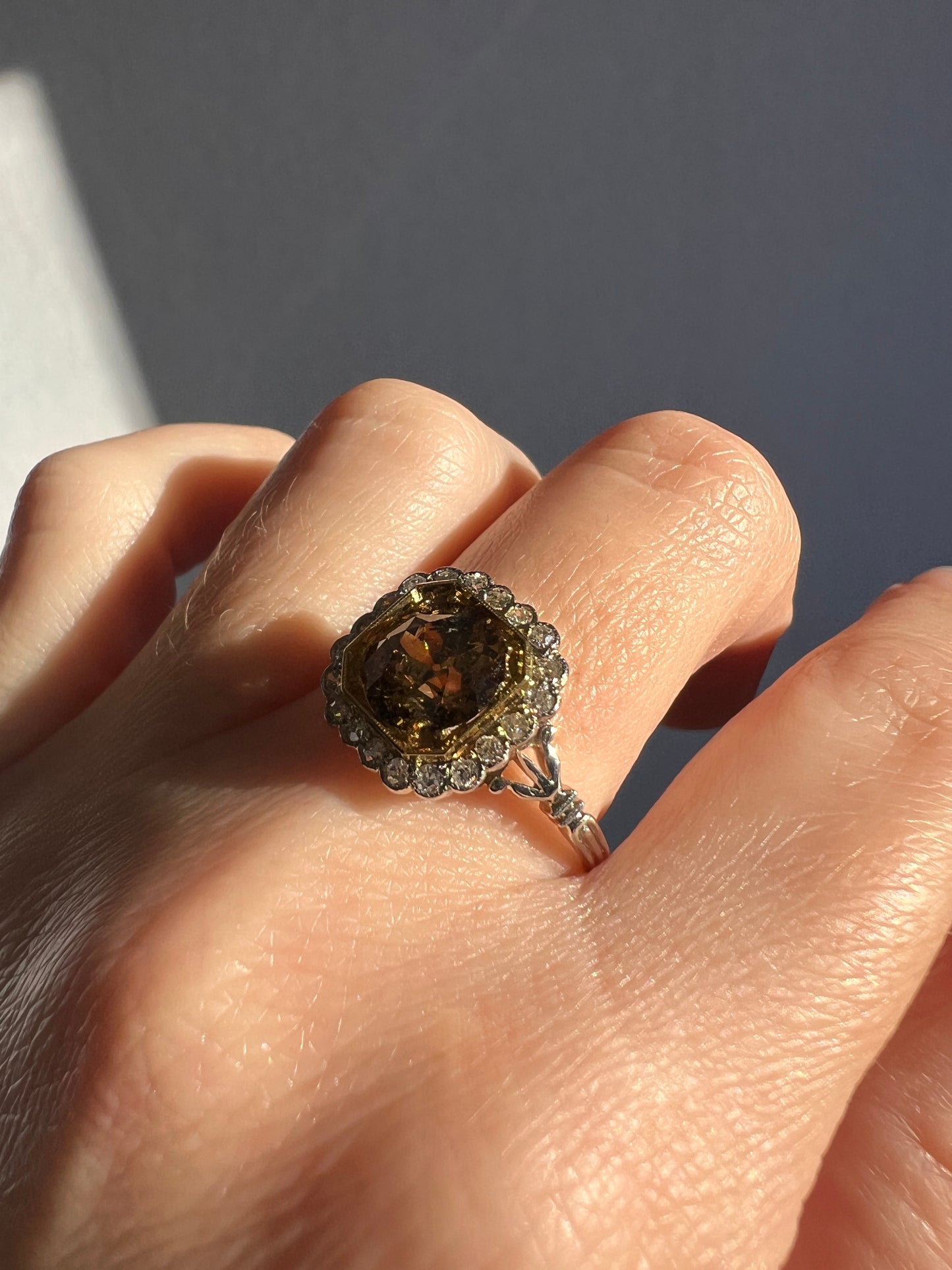 Edwardian 2.3 Carat Tdw Antique Fancy BROWN Yellow Old European Cut DIAMOND Halo Ring Platinum 18k Gold