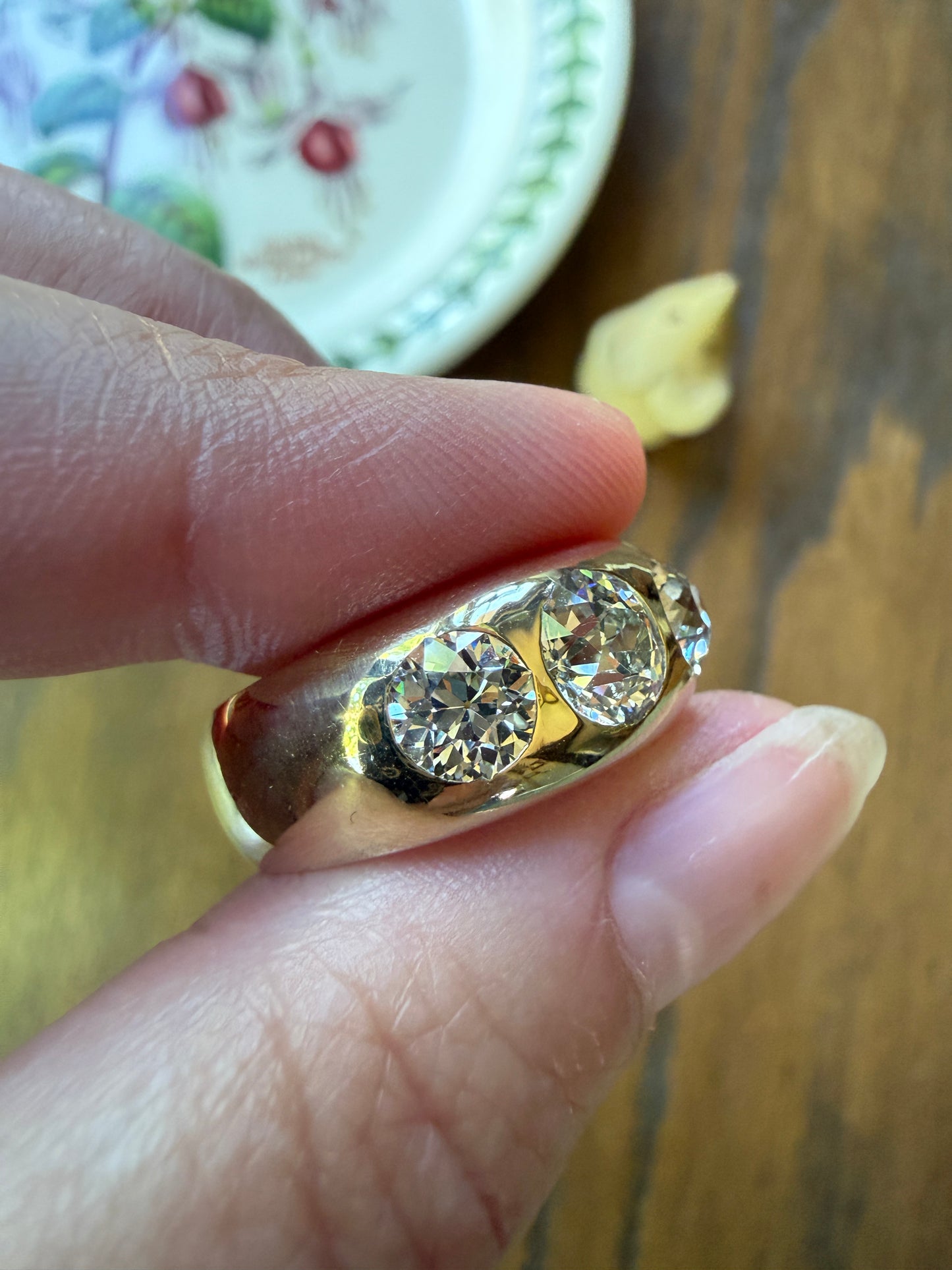 HEAVY Antique 2.4 Carats Natural Old Mine Cut Diamond Three Stone Gypsy Band 10.1g 14k Gold Stacker Ring Man Unisex Chunky