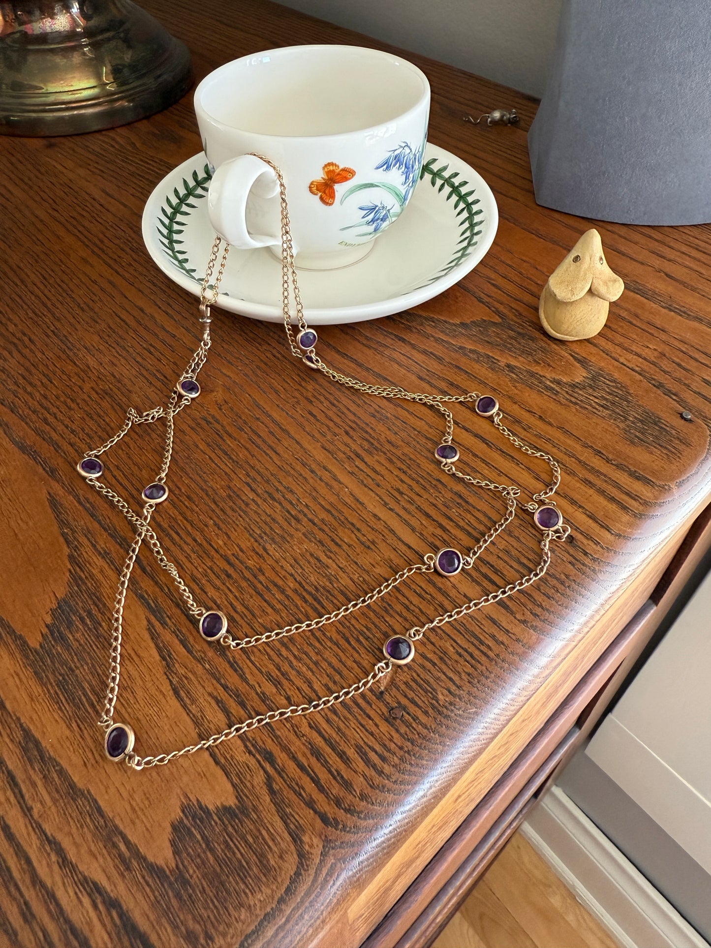 Antique Rosy Gold Filled Long Guard Muff Pocket Watch Station Body Chain Faux Amethyst Purple Paste X-Long Dog Clip 17.8g 46" Linear Length