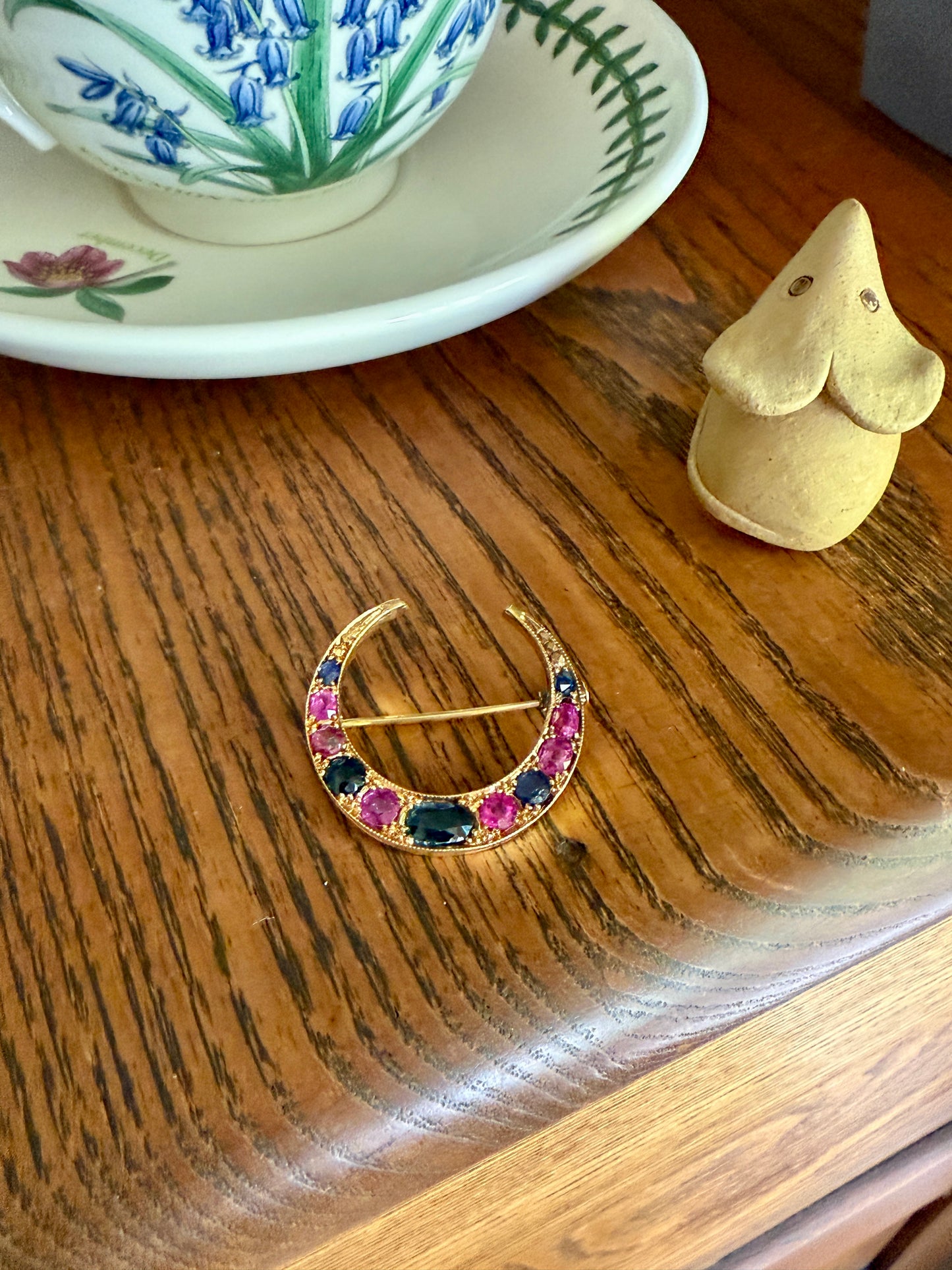 MOON Alternating Pink & Blue SAPPHIRE French Victorian ANTIQUE Pin Brooch for Pendant Romantic Gift Victorian
