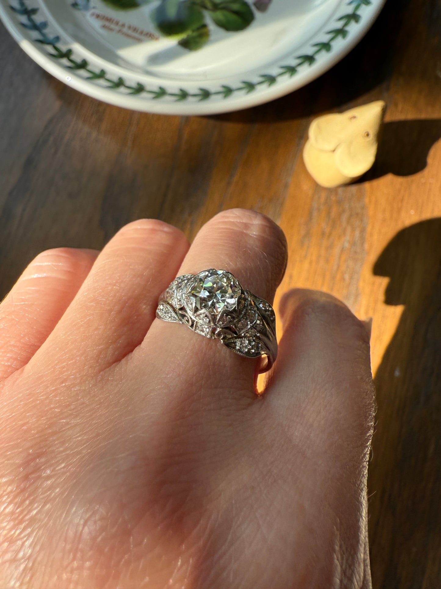 PLATINUM 1.7Ctw Art Deco Eye CLEAN Old European Cut Diamond Solitaire Engagement Ring w/ Wedding Set Wrap Encrusted Leaf Prong Antique c1928