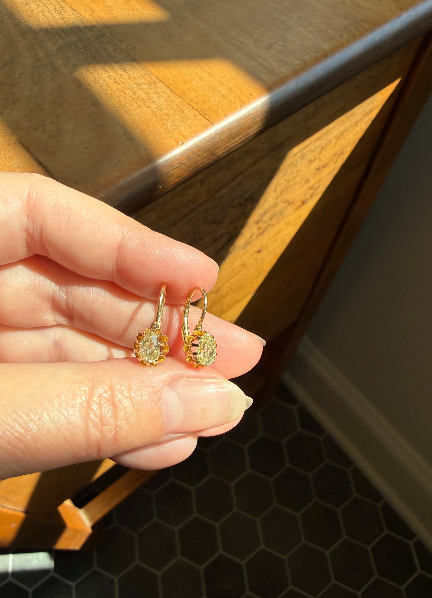 Rare PEAR Pale Yellow Old Mine Cut ANTIQUE One Carat Diamond Dormeuse Earrings 18k Gold Fixed Buttercup Setting Minimalist Sparkle Victorian